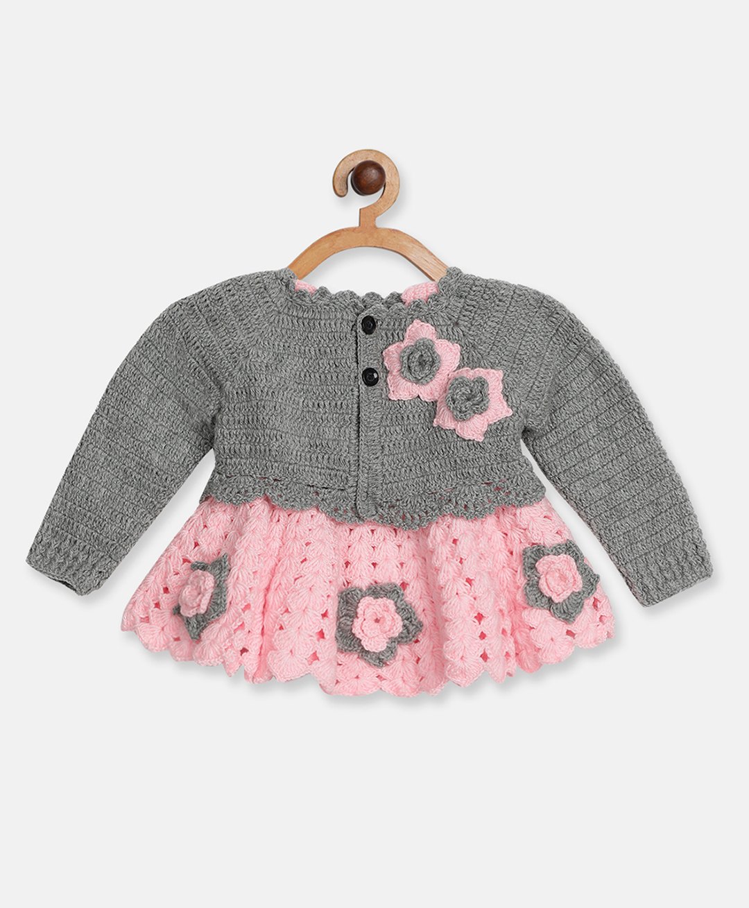 MayRa Knits Full Sleeves Hand Knitted Floral Designed Crochet Dress & Shrug Set - Grey-image-20