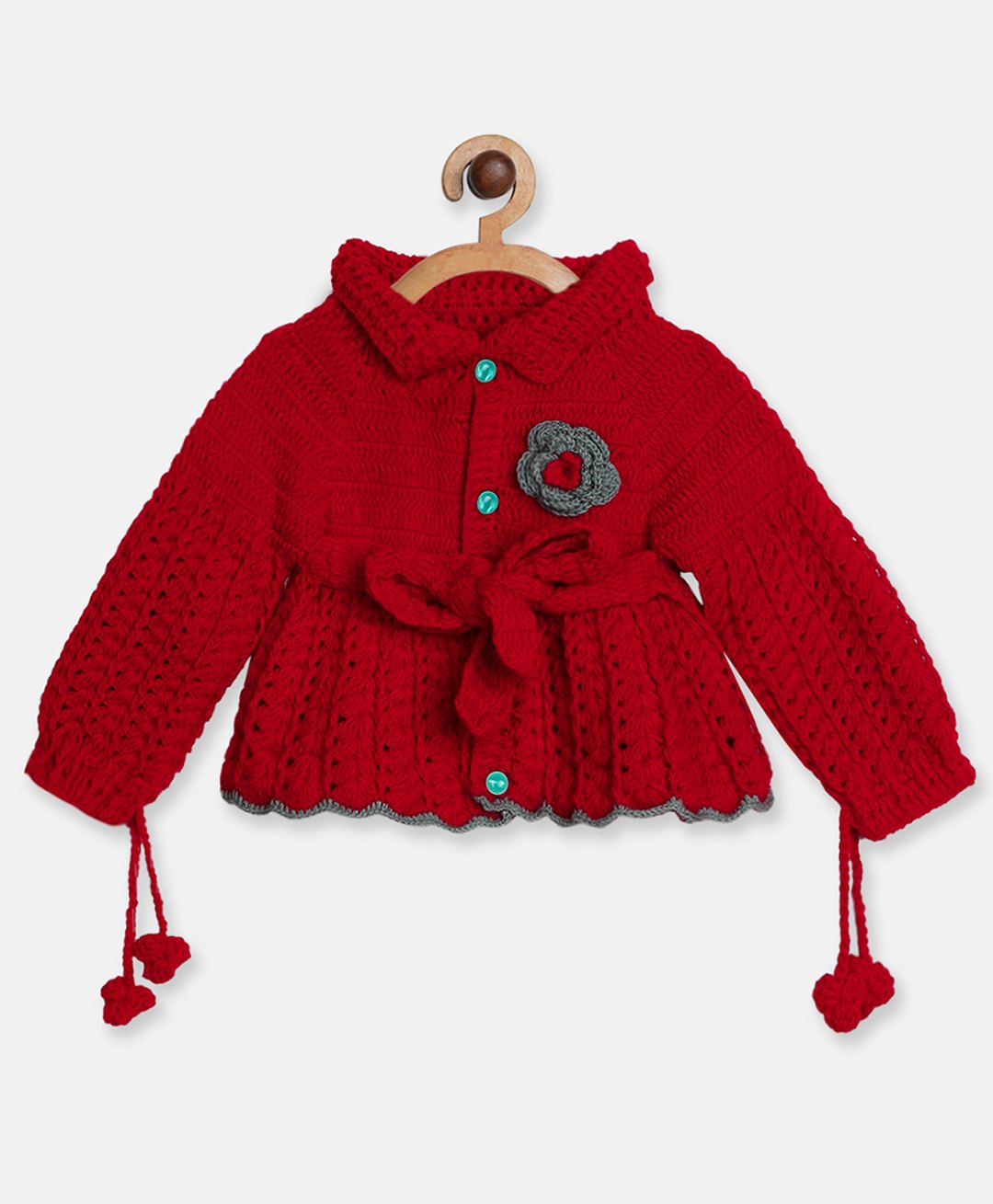 MayRa Knits Hand Knitted Floral Designed Crochet Sweater - Red-image-20