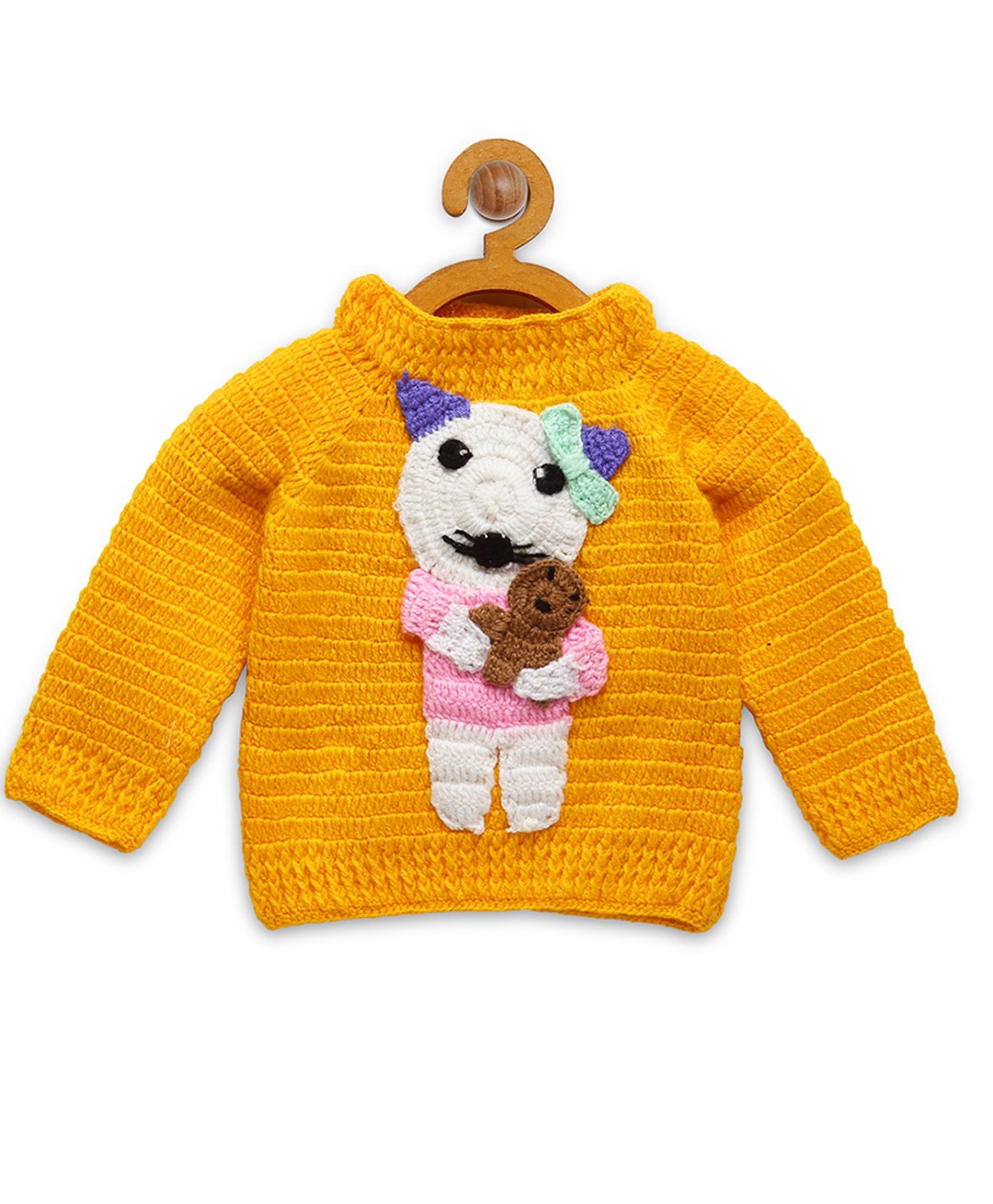 MayRa Knits Full Sleeves Hand Knitted Cat Designed Crochet Sweater - Yellow-image-33