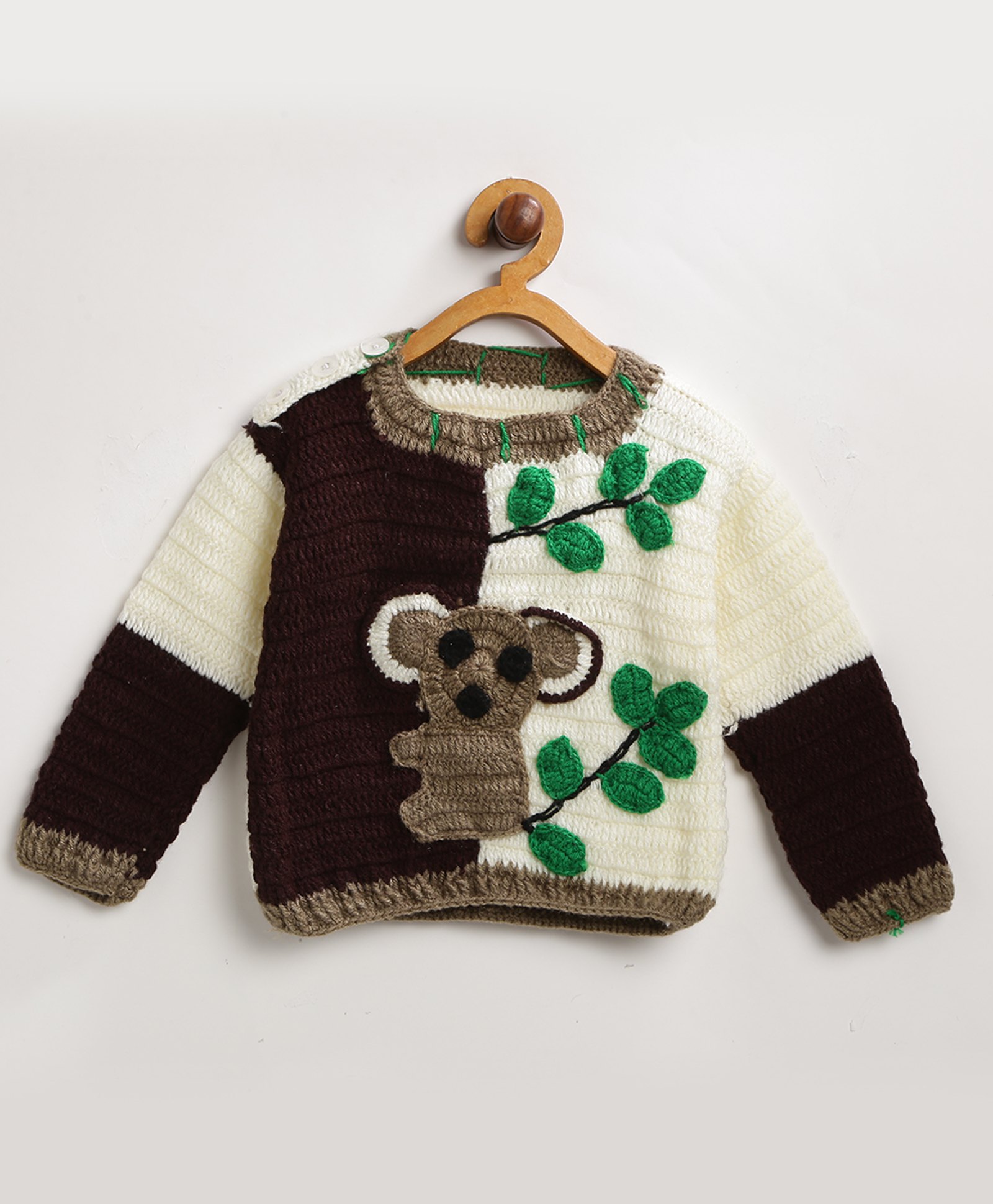 MayRa Knits Full Sleeves Hand Knitted Animal Designed Crochet Sweater - Brown & White-picture-24