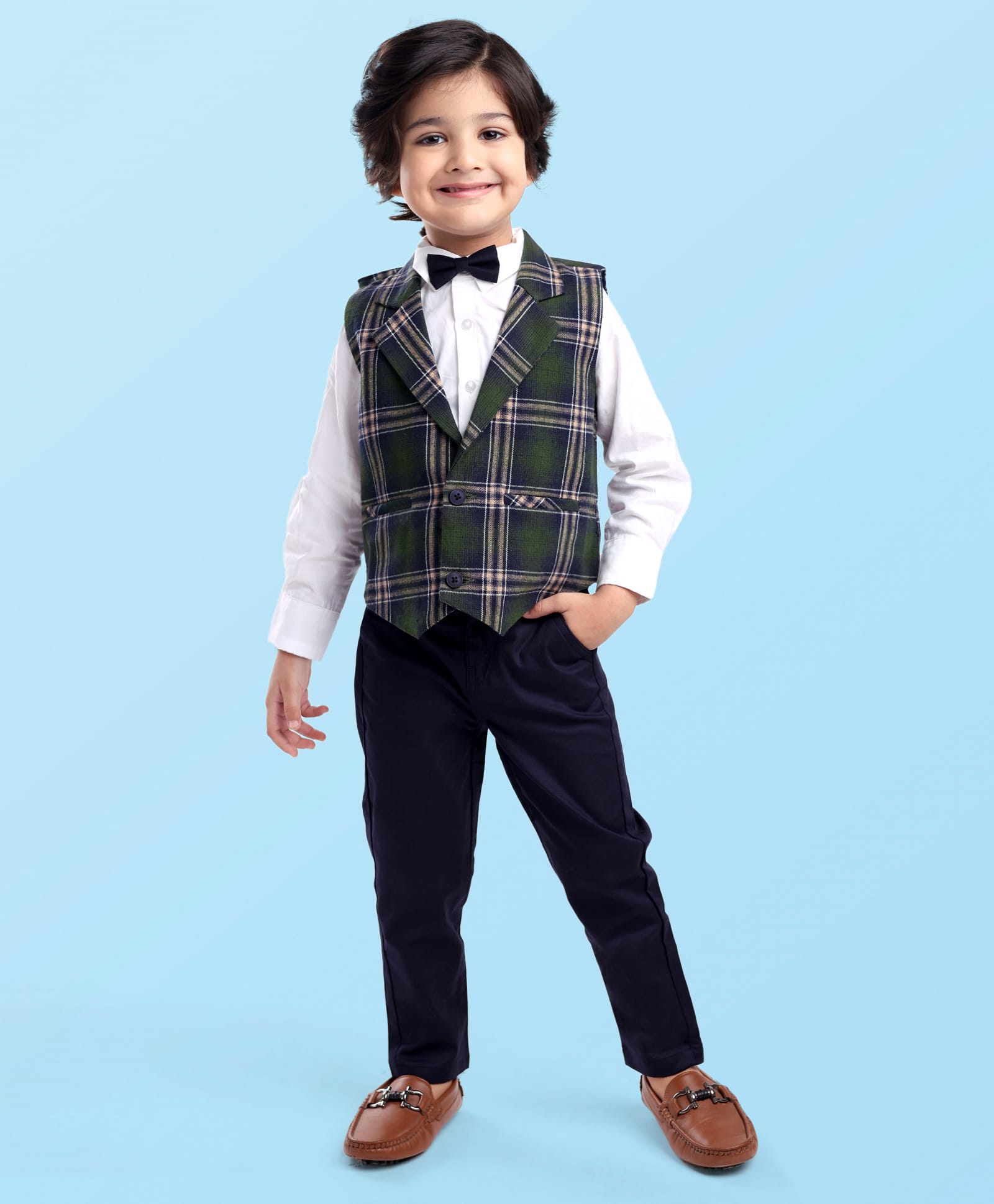 Babyhug Woven Full Sleeves Checks 3 Piece Party Suit - Green White & Navy-image-26