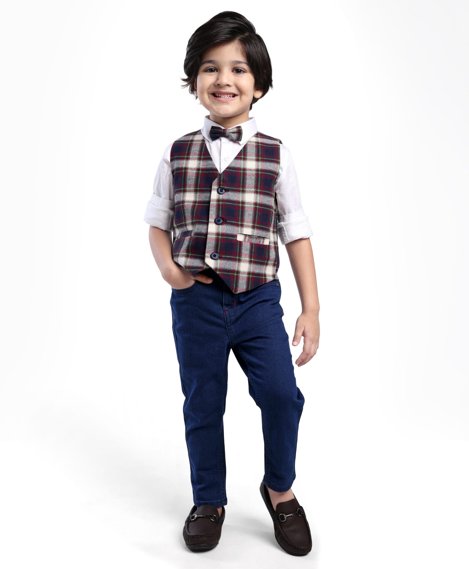 Babyhug Woven Full Sleeves Checkered 3 Piece Party Suit with Bow - Grey & Navy Blue-picture-23