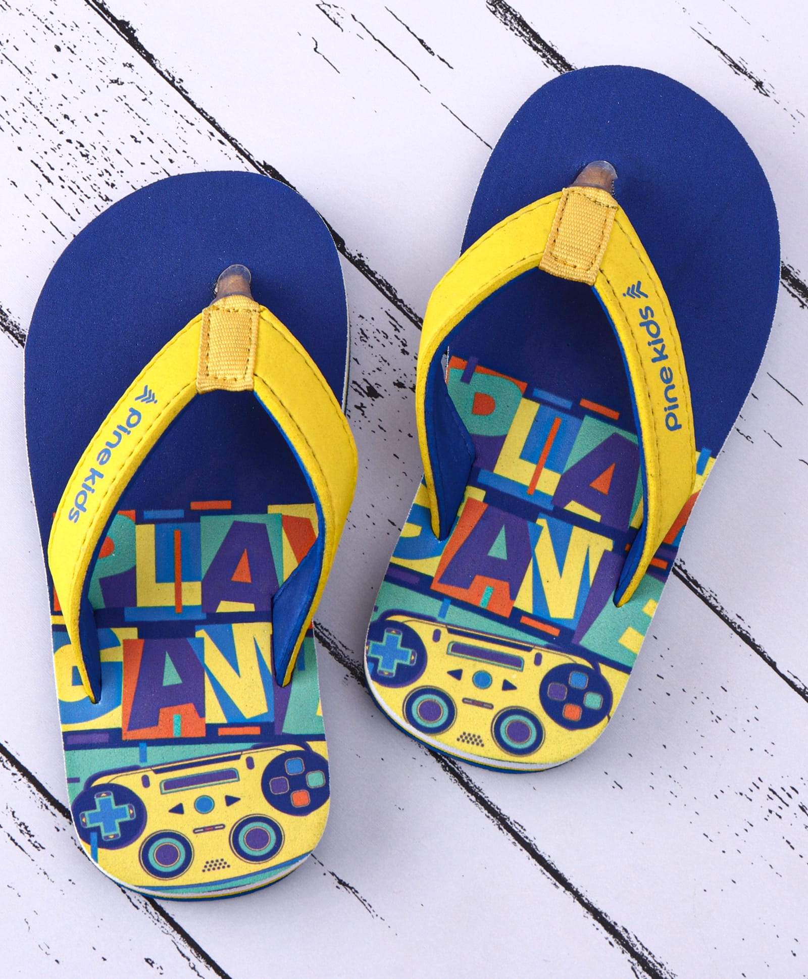 Pine Kids Slip On Flip Flops with Text & Game ControllerPrint - Blue & Yellow-image-47
