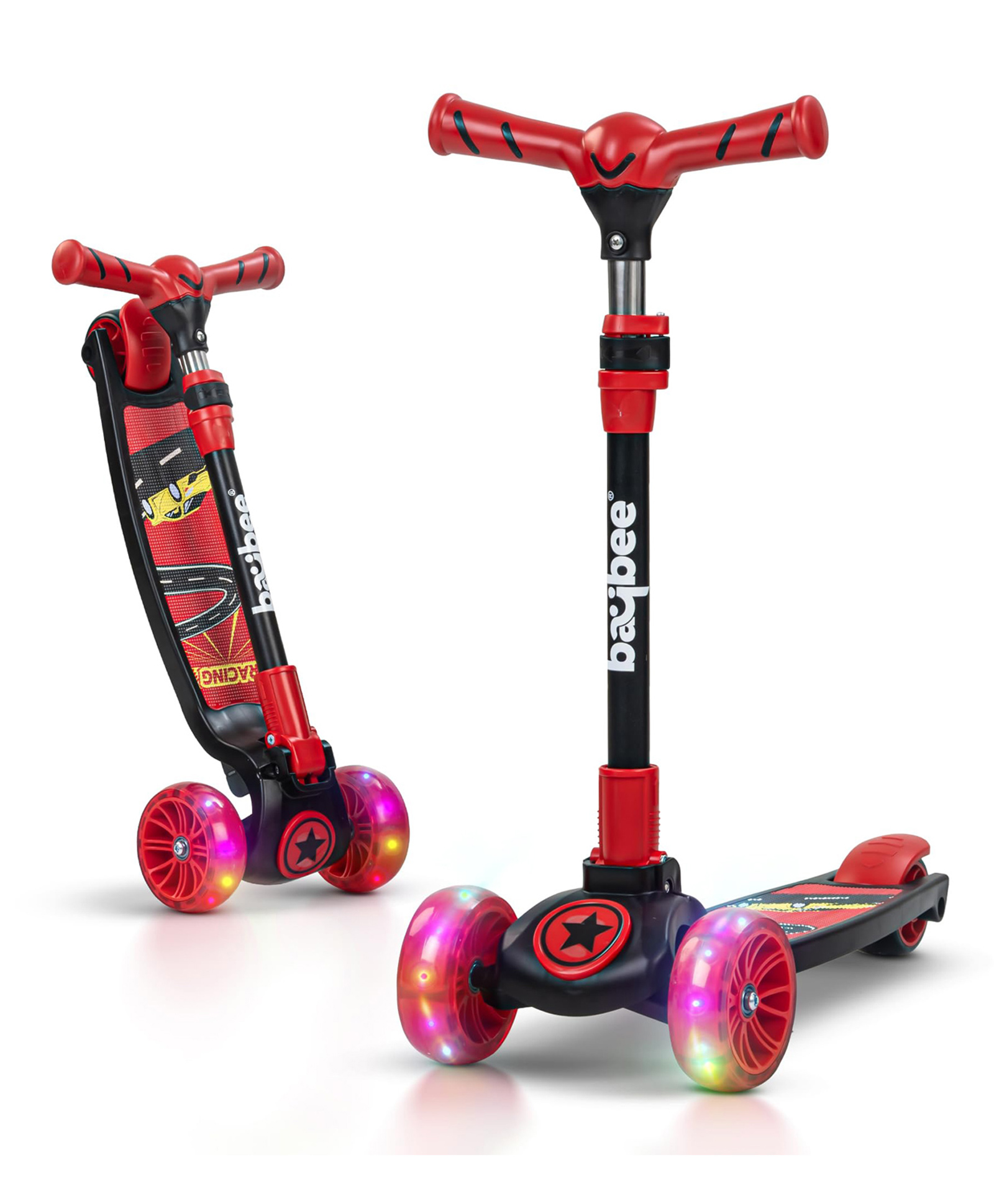 Baybee Kitty Kick Scooter for Kids, Foldable Kids Scooter with 3 Height Adjustable Handle & Music, Skate Scooter with LED PU Wheels & Brake (Red)