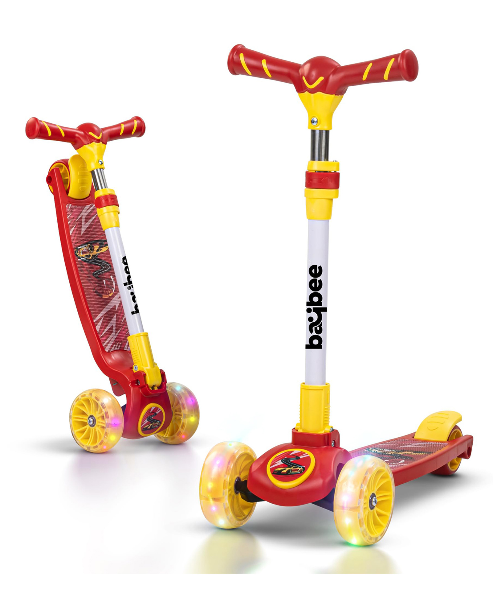 Baybee Kitty Kick Scooter for Kids, Foldable Kids Scooter with 3 Height Adjustable Handle & Music, Skate Scooter with LED PU Wheels & Brake (Pink/Yellow)-image-38