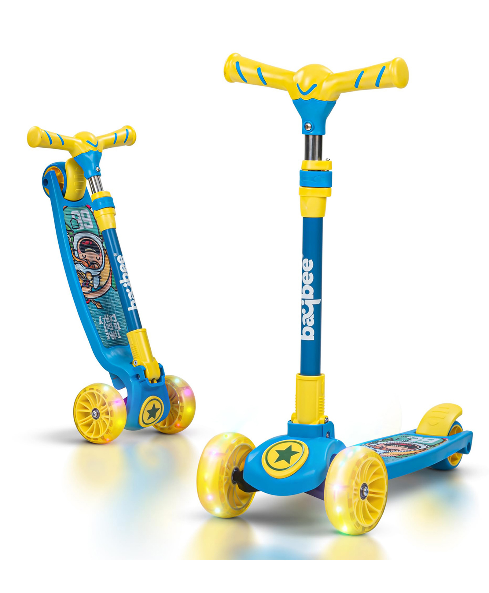 Baybee Kitty Kick Scooter for Kids, Foldable Kids Scooter with 3 Height Adjustable Handle & Music, Skate Scooter with LED PU Wheels & Brake (Blue)