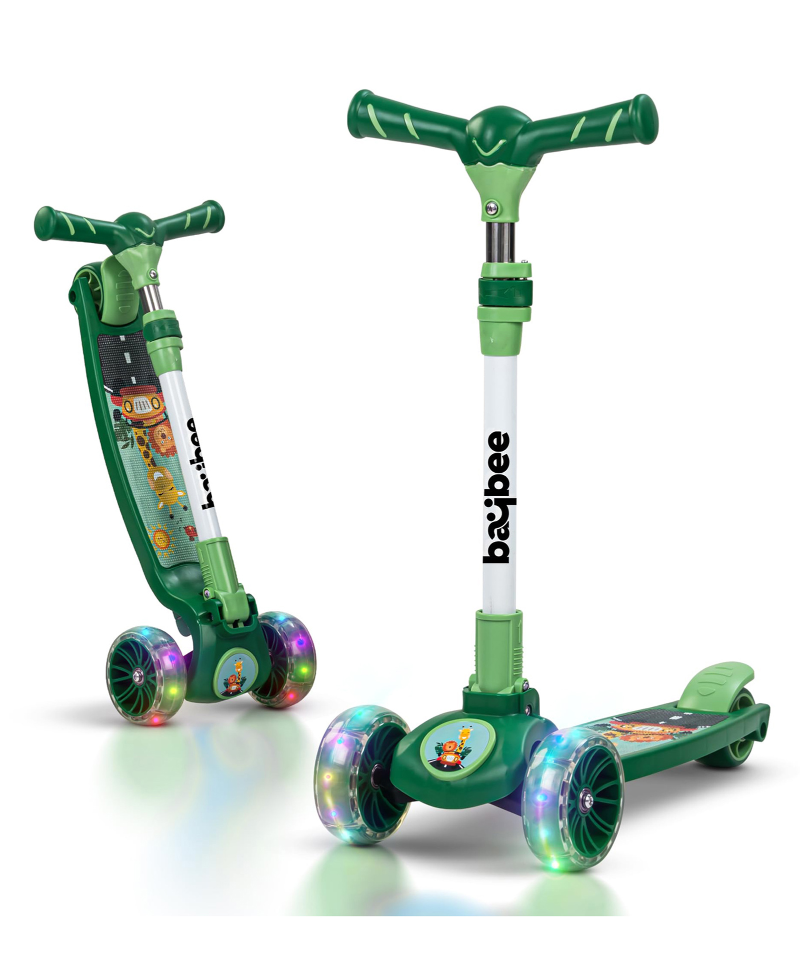 Baybee Kitty Kick Scooter for Kids, Foldable Kids Scooter with 3 Height Adjustable Handle & Music, Skate Scooter with LED PU Wheels & Brake (Green)