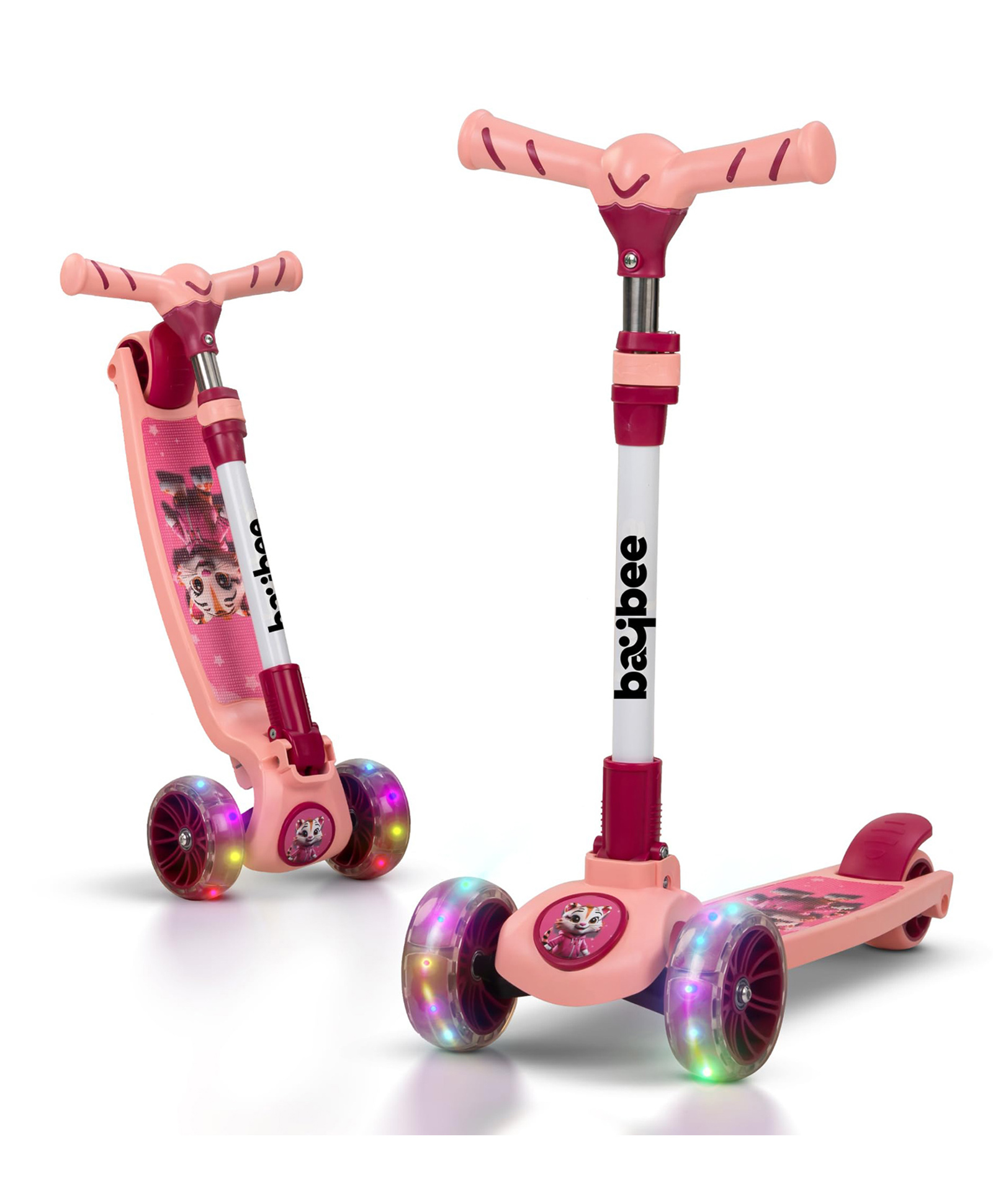 Baybee Kitty Kick Scooter for Kids, Foldable Kids Scooter with 3 Height Adjustable Handle & Music, Skate Scooter with LED PU Wheels & Brake (Pink)