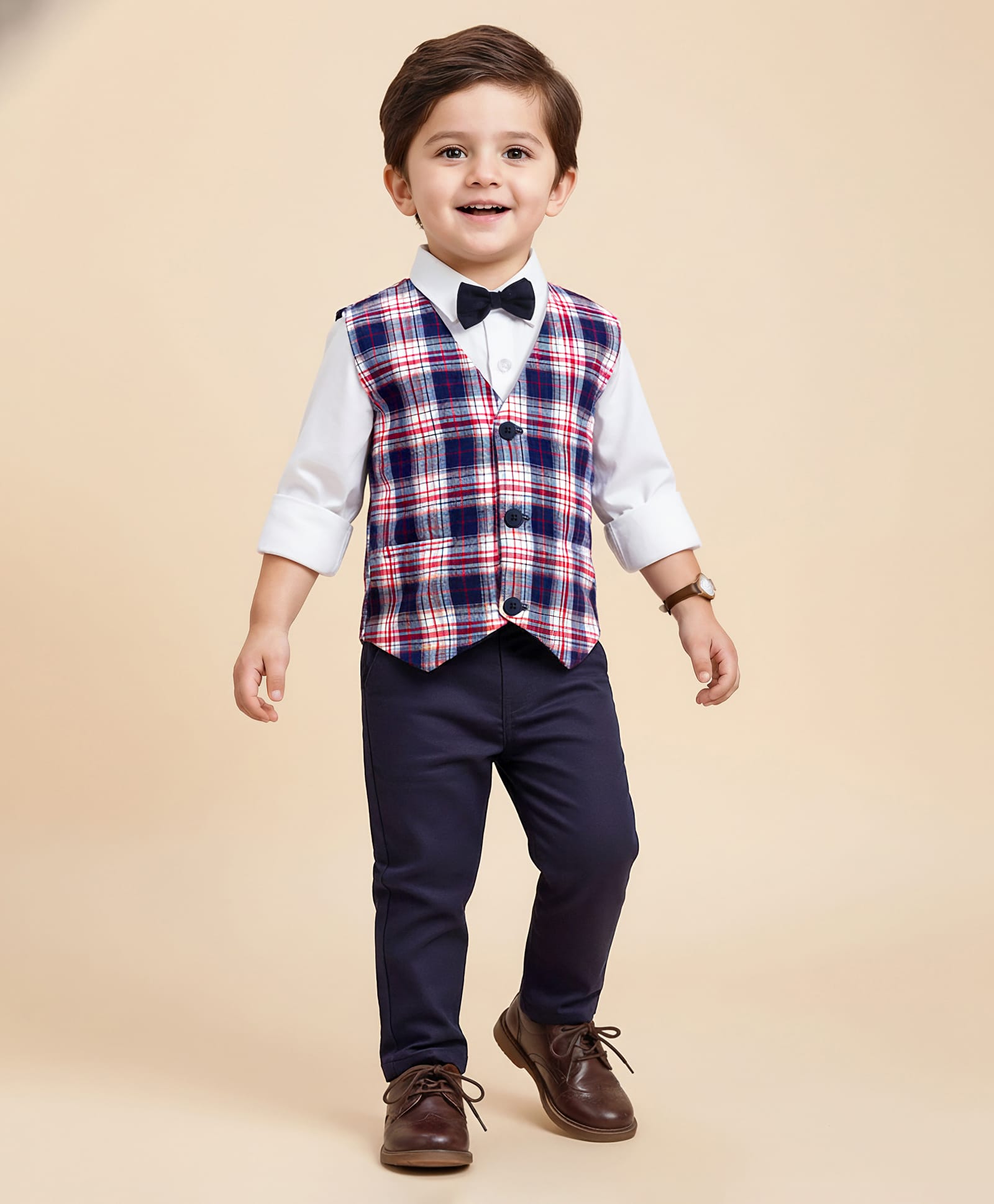 Babyhug Woven Full Sleeves Checkered 3 Piece Party Suit With Bow - Navy Blue & Red-image-31