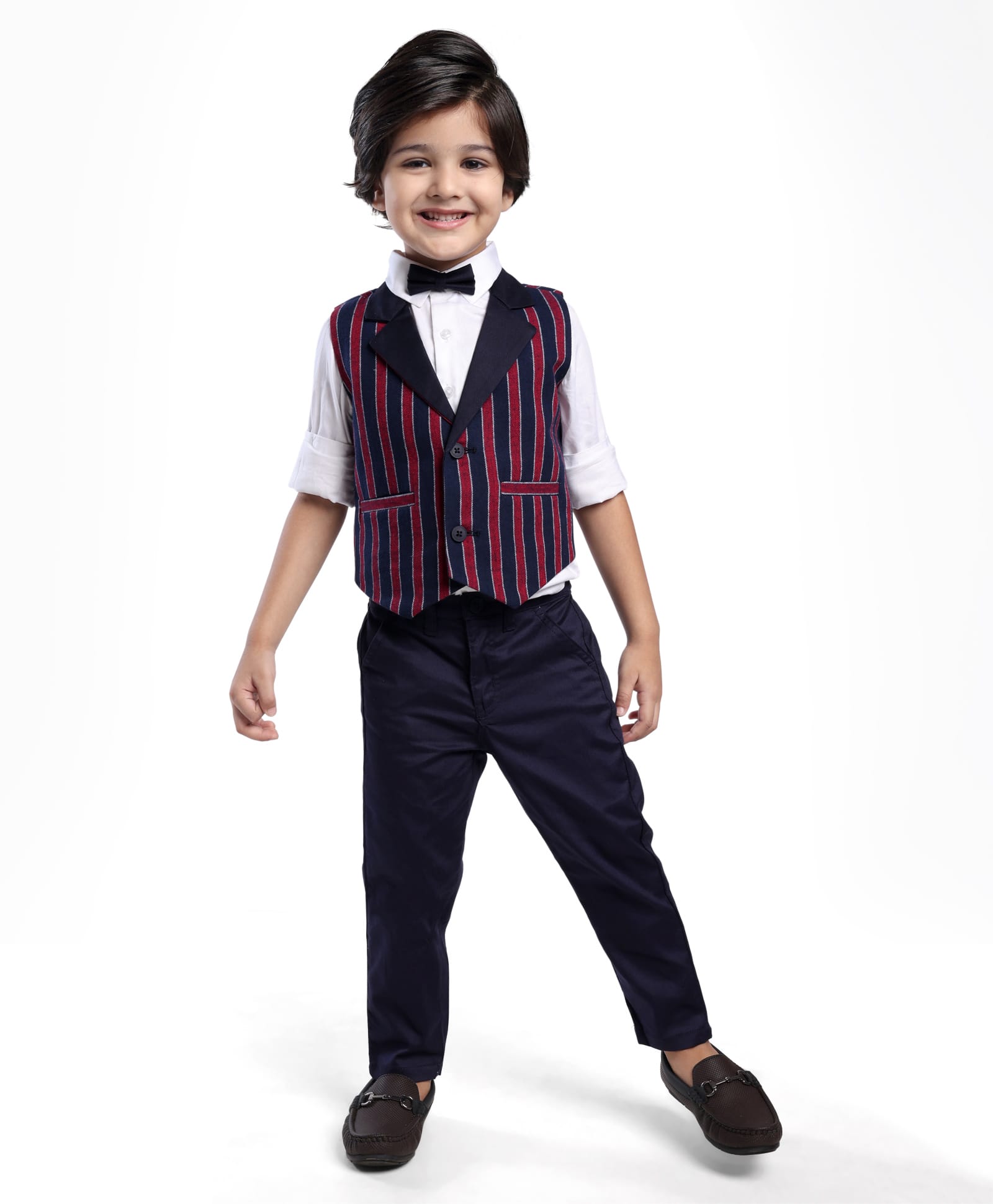 Babyhug Woven Full Sleeves Stripes 3 Piece Party Suit with Bow - Red & Navy Blue-image-26