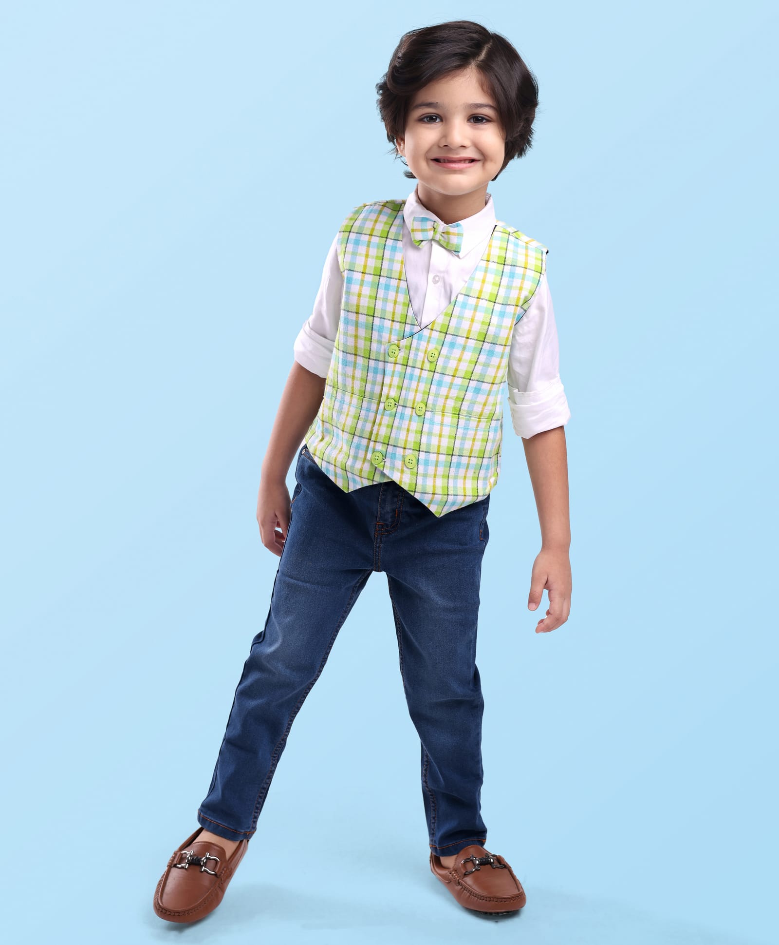 Babyhug Woven Full Sleeves Shirt & Jeans With Checkered Waistcoat & Bow - Light Green Blue & White-image-38