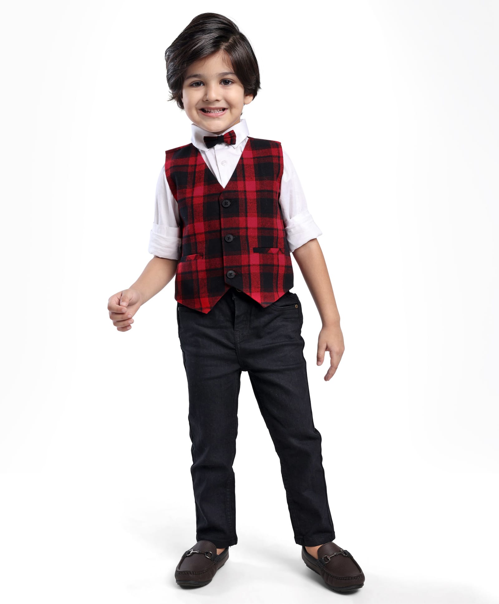 Babyhug Woven Full Sleeves Shirt & Jeans With Checkered Waistcoat & Bow - Red White & Black-picture-17
