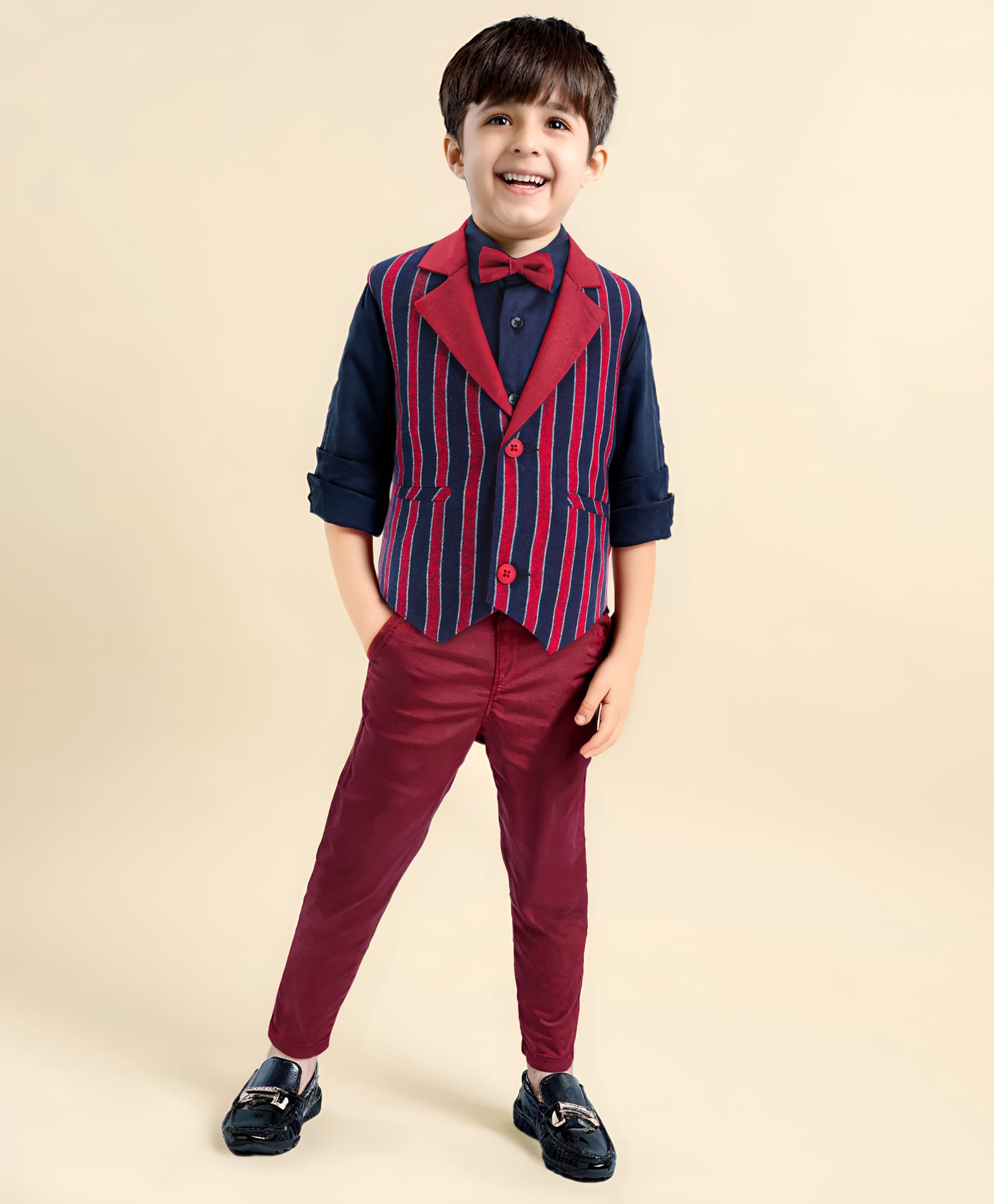 Babyhug Woven Full Sleeves Striped 3 Piece Party Suit With Bow - Red & Navy Blue-image-39