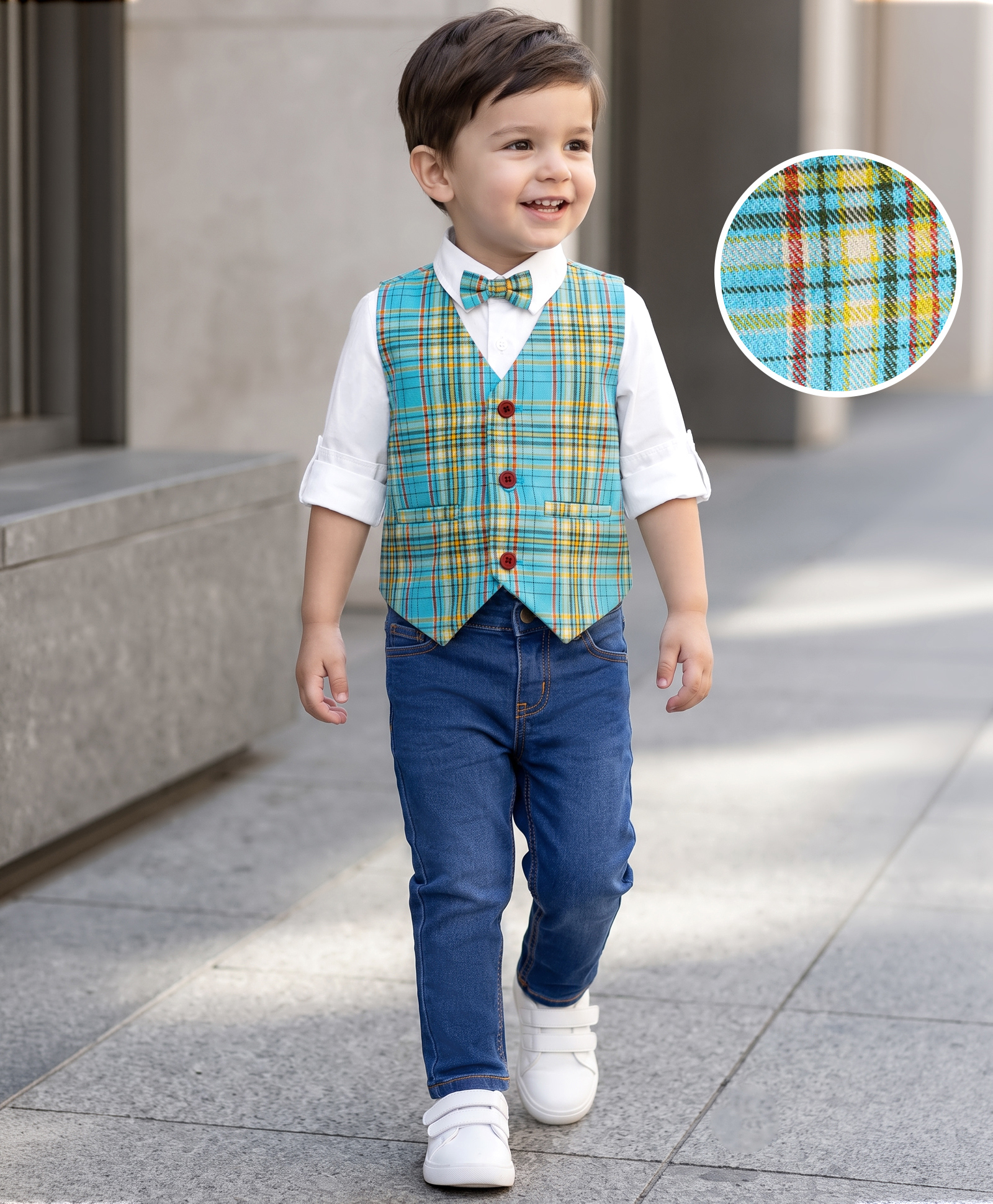 Babyhug Woven Full Sleeves Checkered 3 Piece Party Suit with Bow - Light Blue-image-11