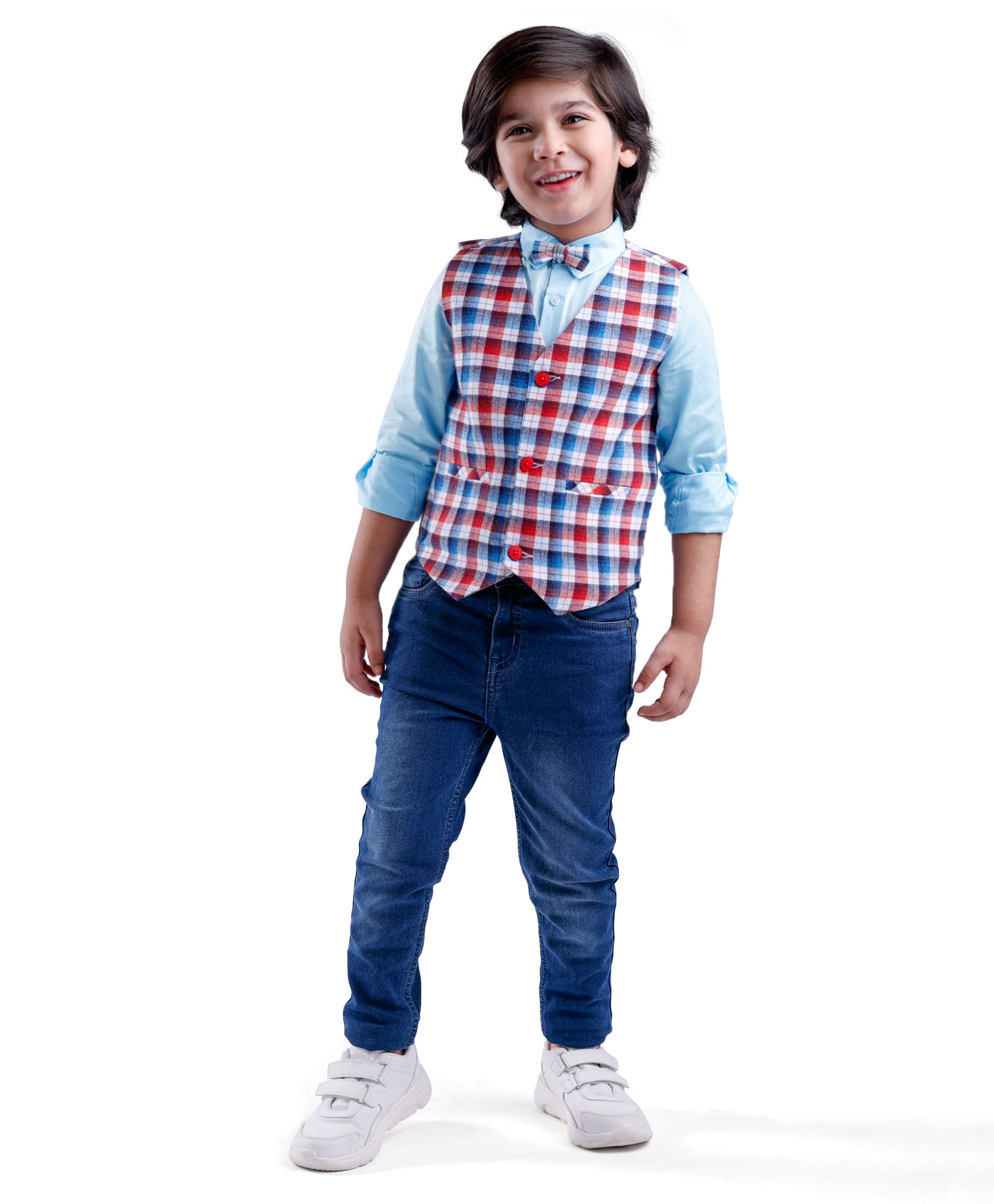 Babyhug Woven Full Sleeves Solid Color Shirt & Jeans with Bow & Checkered Waistcoat - Red & Blue-image-13