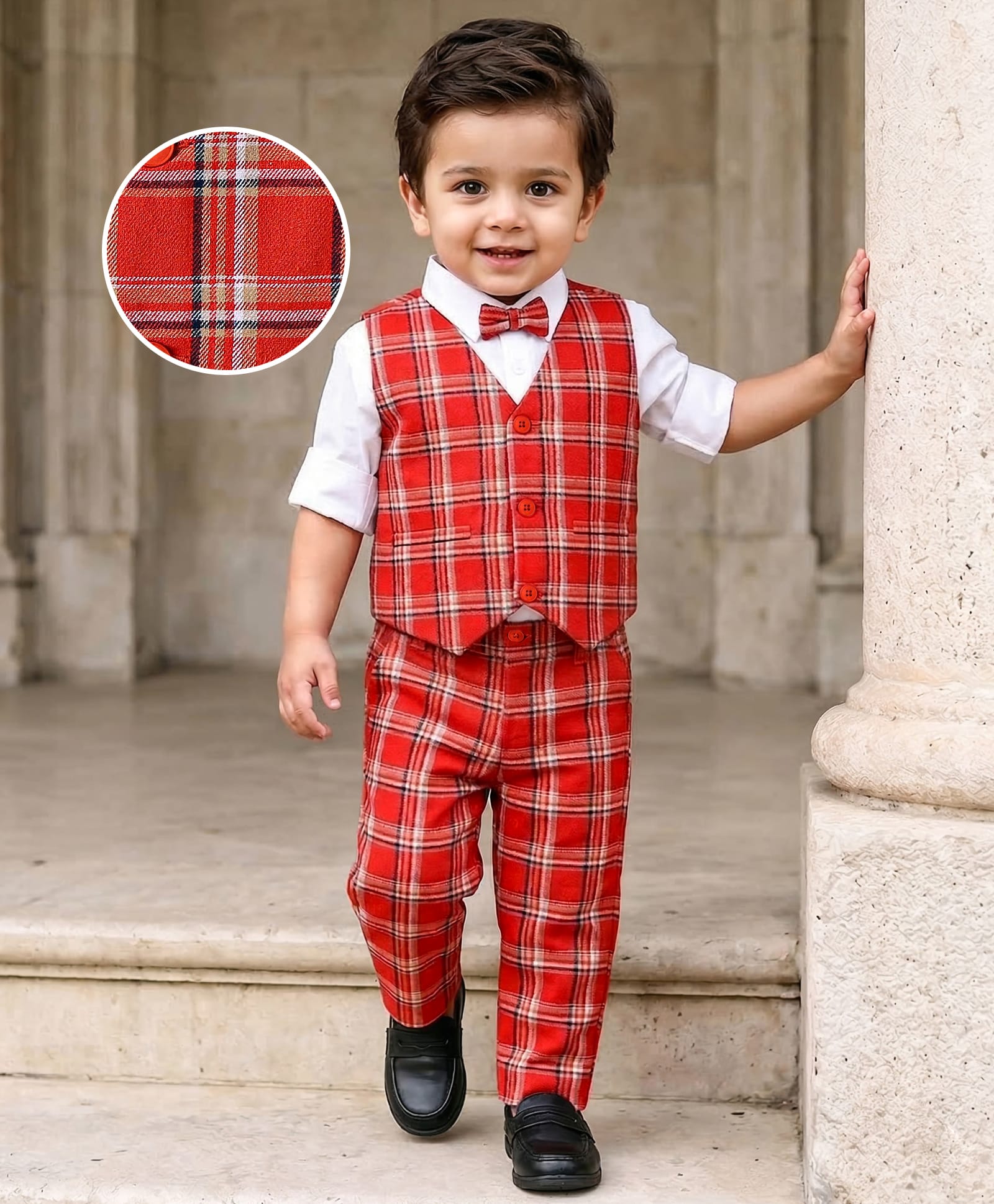 Babyhug Woven Full Sleeves Checkered 3 Piece Party Suit With Bow - Red-picture-19