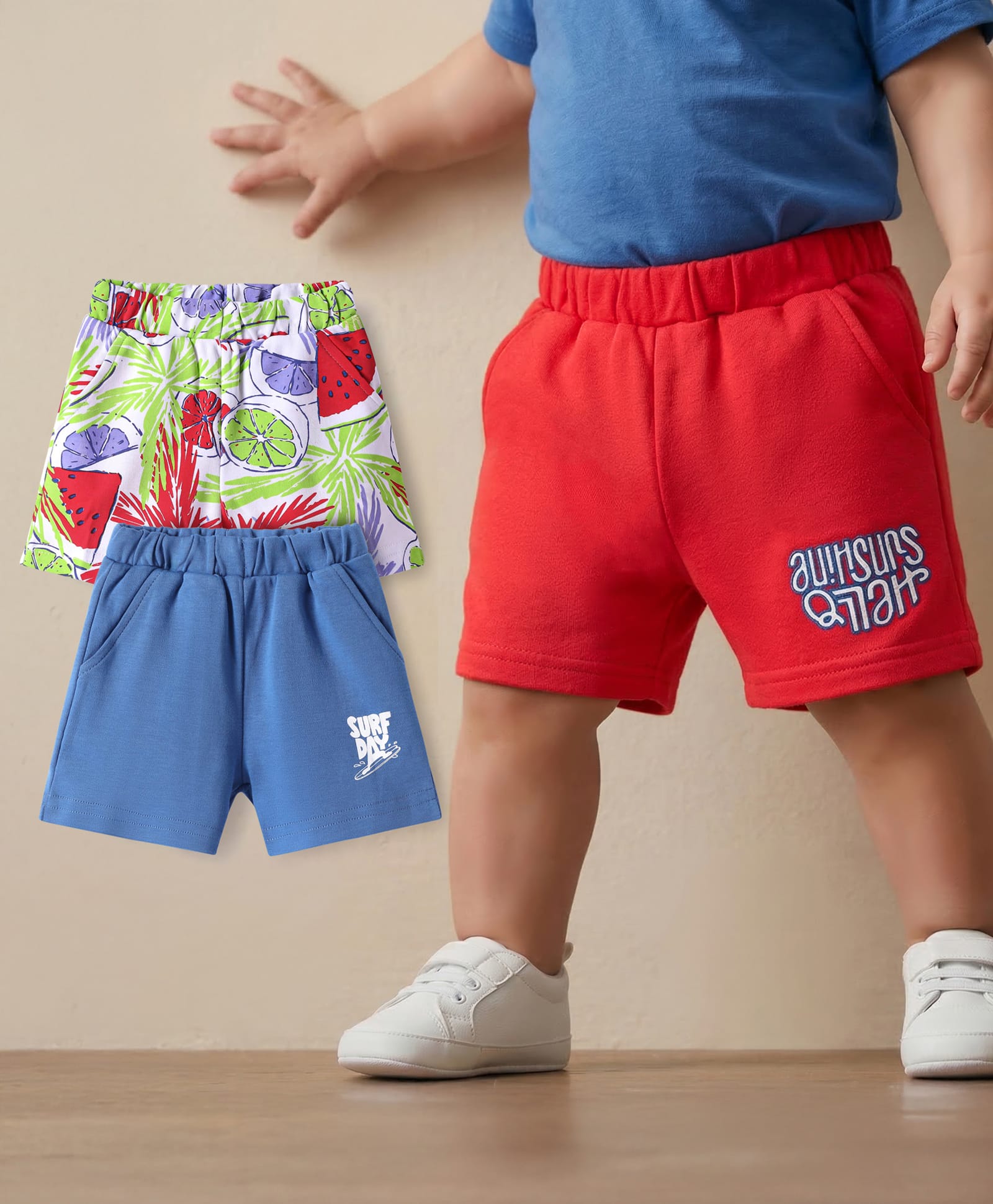 Babyoye Cotton With Eco Jiva Finish Shorts with Tropical & Surf Day Text Print Pack of 3 - Red & Blue-picture-28