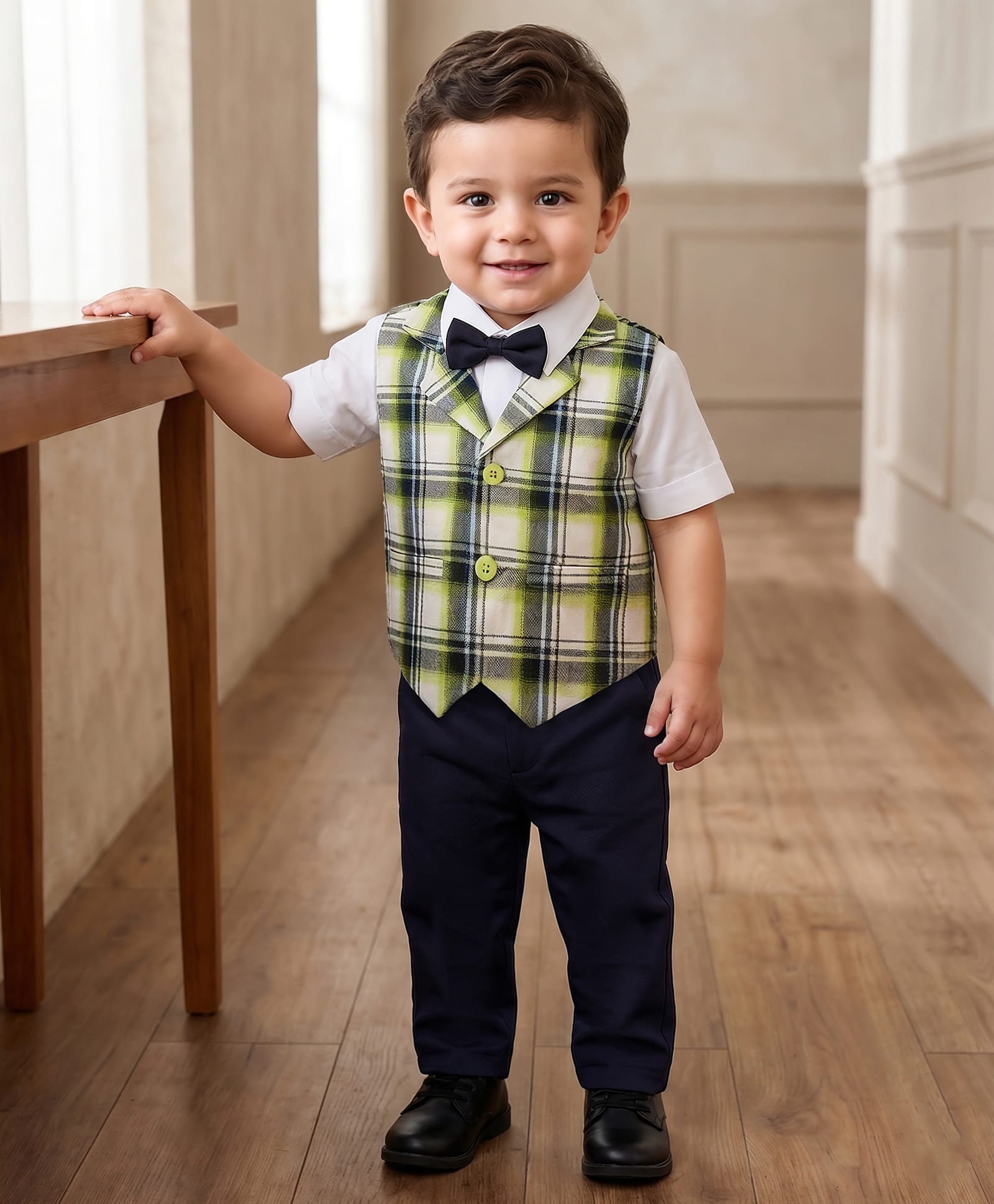 Babyhug Woven Full Sleeves Checks 3 Piece Party Suit With Bow - Olive White & Navy-image-43