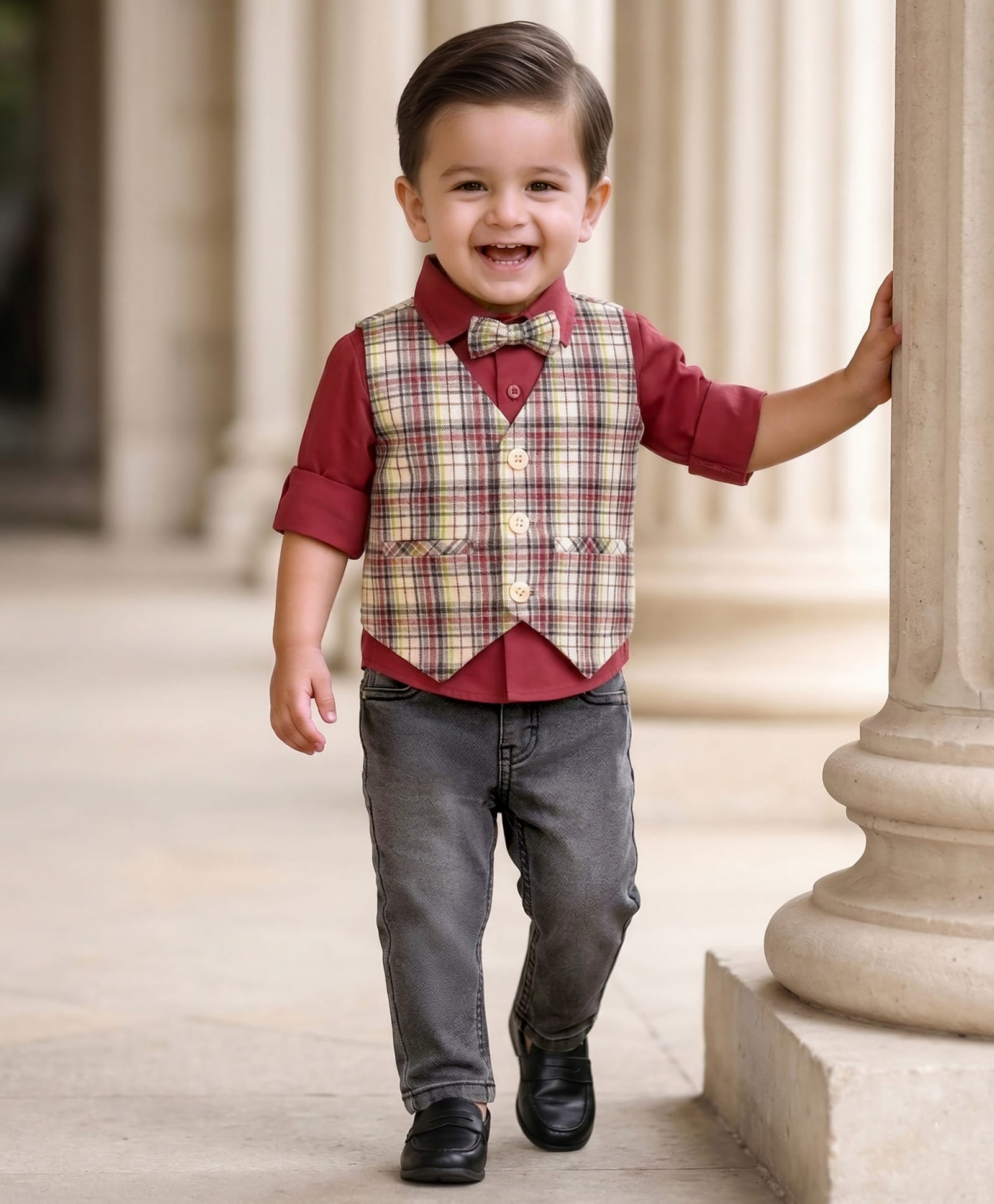 Babyhug Woven Full Sleeves Checkered 3 Piece Party Suit With Bow - Maroon-picture-23