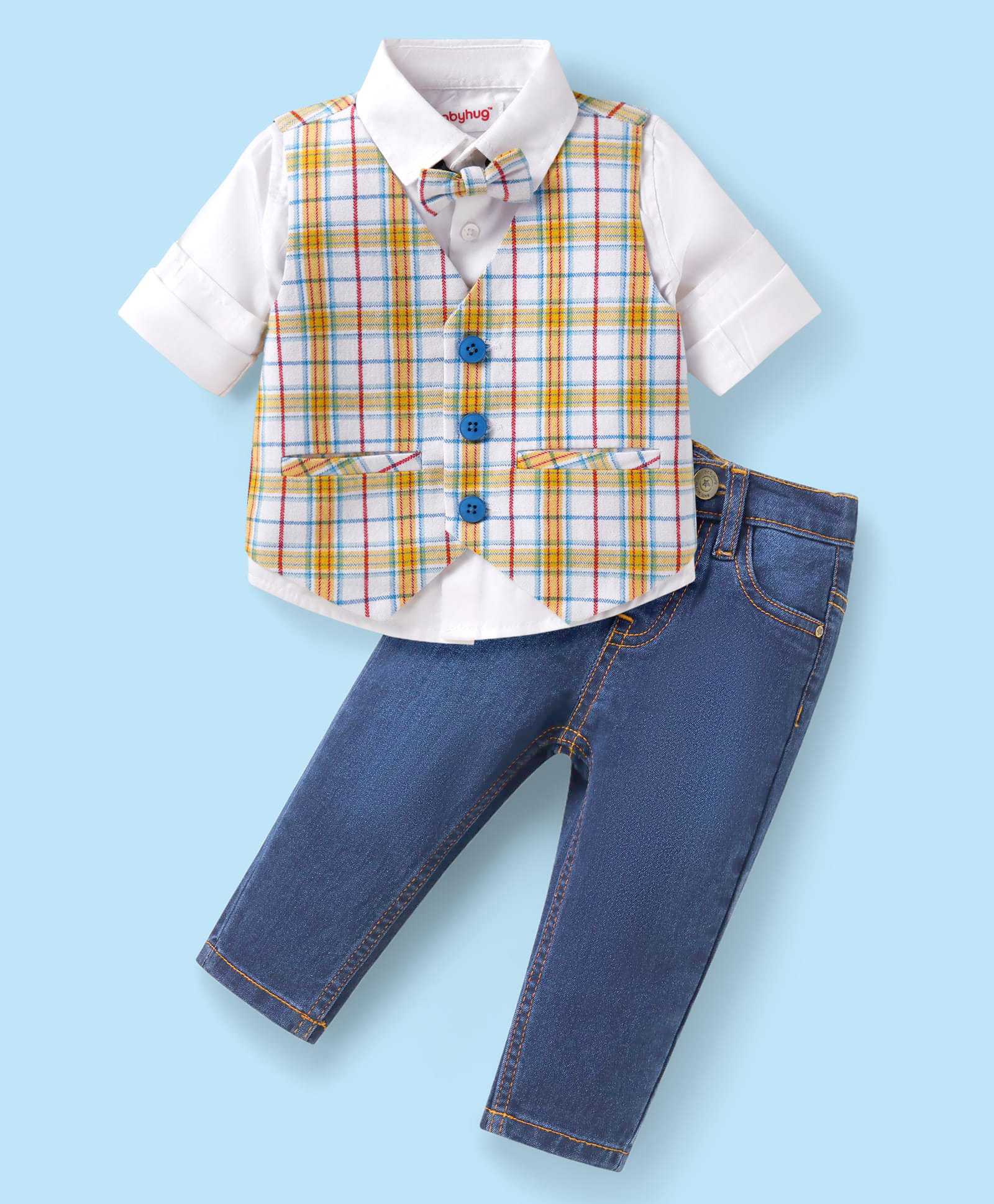 Babyhug Woven Full Sleeves Checks 3 Piece Party Suit With Bow - White-image-48