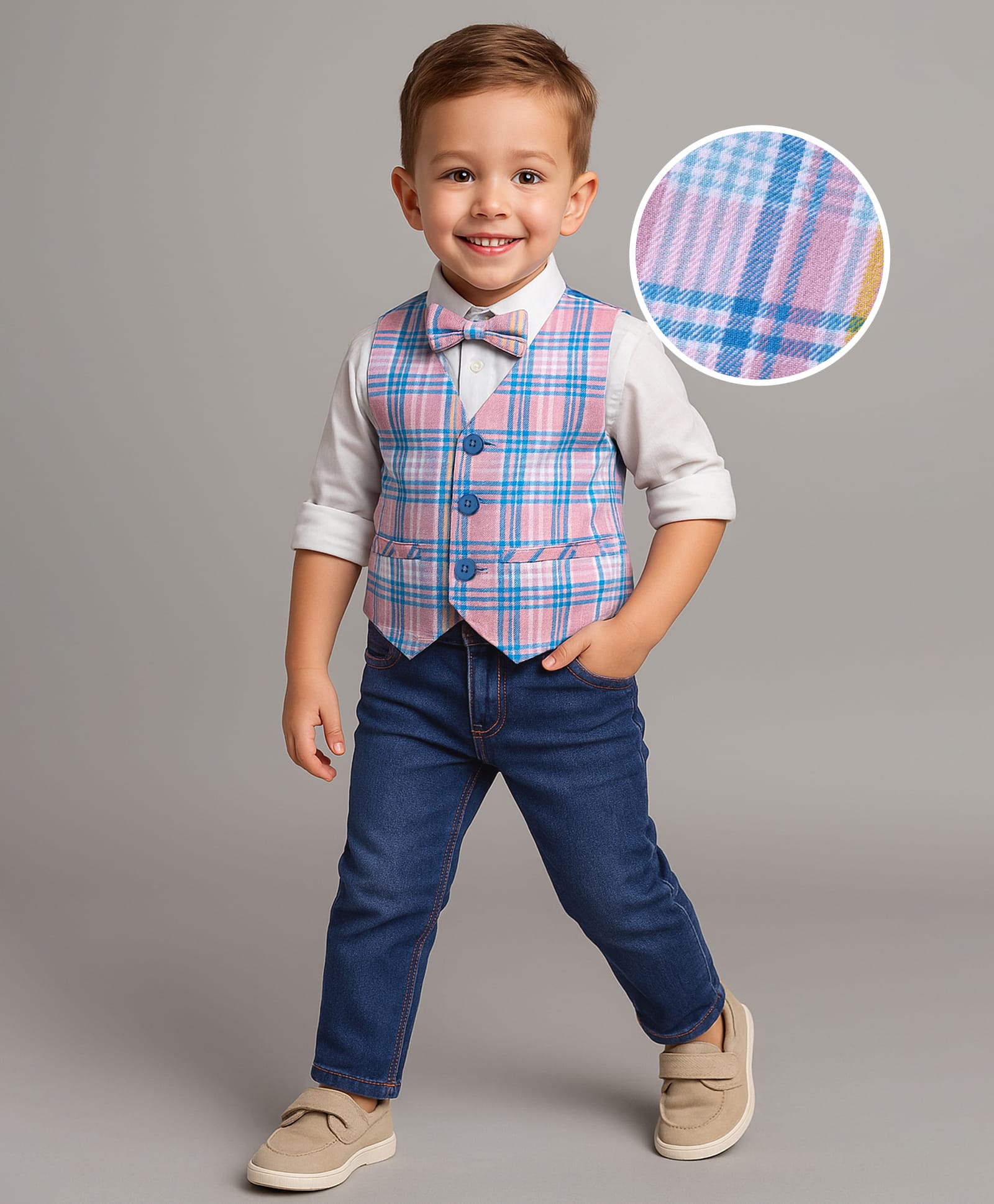 Babyhug Woven Full Sleeves Checkered 3 Piece Party Suit With Bow - White-picture-24
