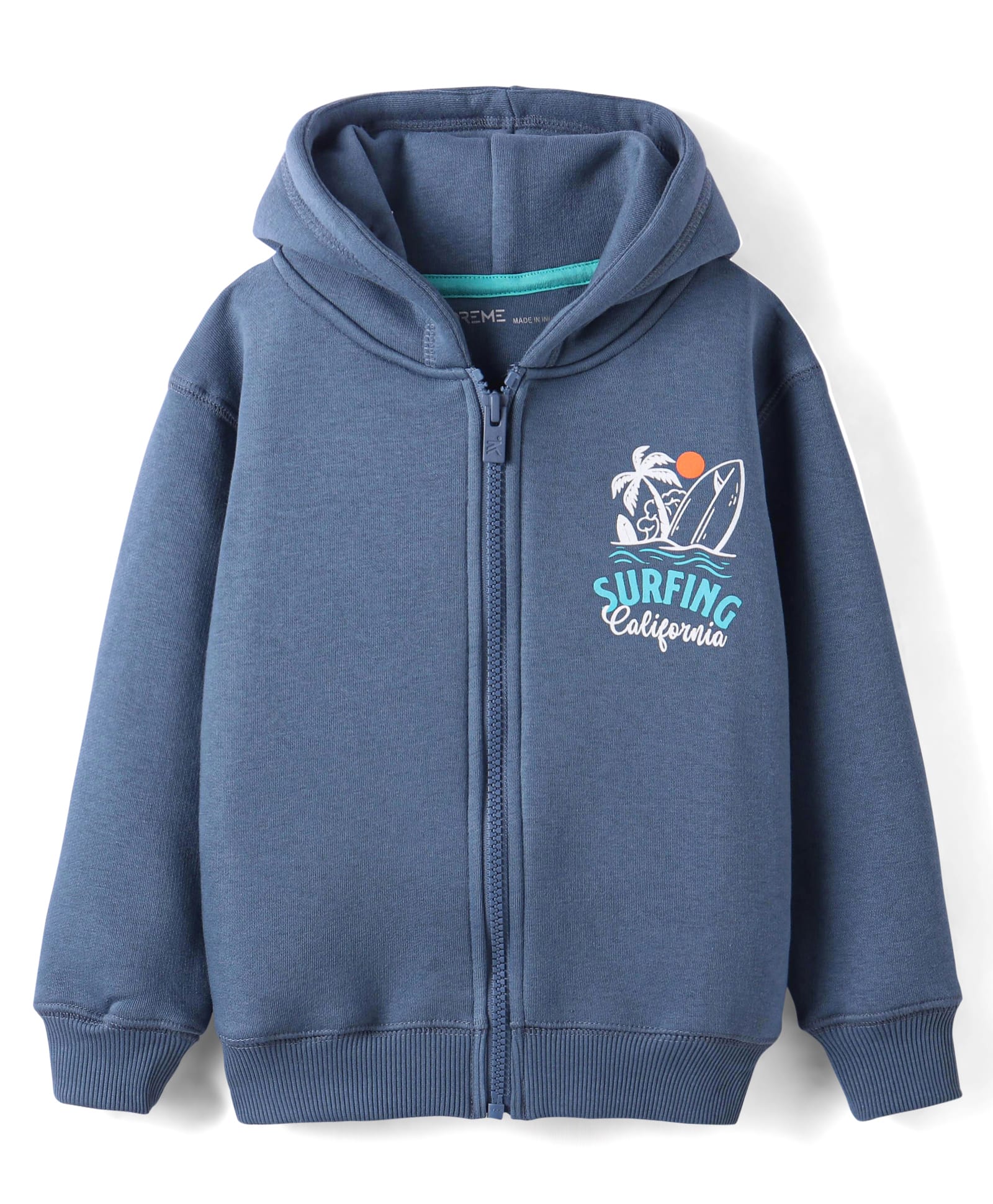 Doreme Fleece Knit Full Drop Shoulder Sleeves Hooded Sweatjacket with Text Print - Blue-image-5
