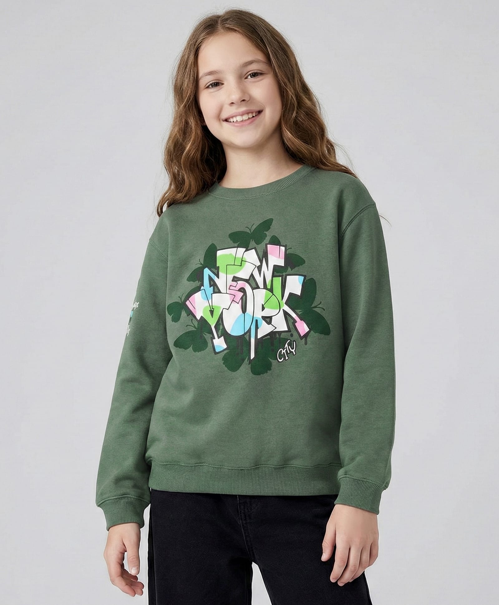 Doreme Fleece Knitted Full Sleeves Sweatshirt With Butterfly & Text Print - Olive Green-picture-31