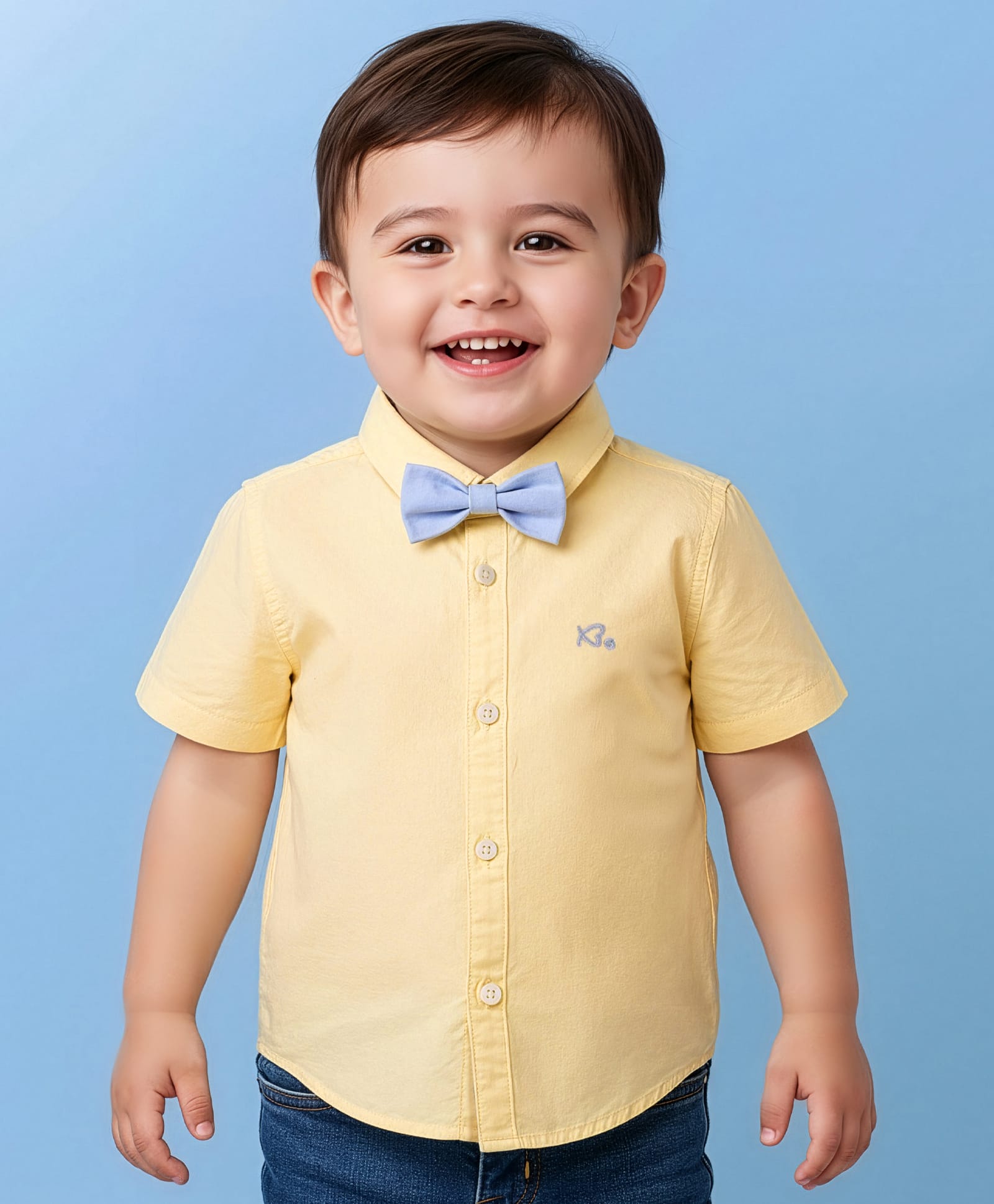 Babyoye 100% Cotton Solid Dyed Half Sleeves Shirt with Bow & Heart Embroidery - Yellow-image-29