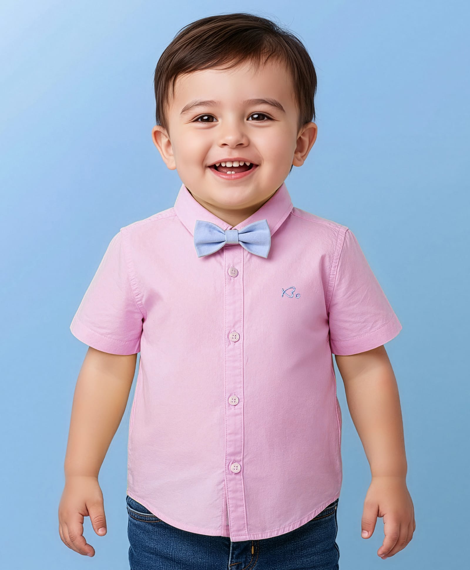 Babyoye 100% Cotton Woven Half Sleeves Solid Dyed Shirt with Bow & Logo Embroidery - Pink-image-41