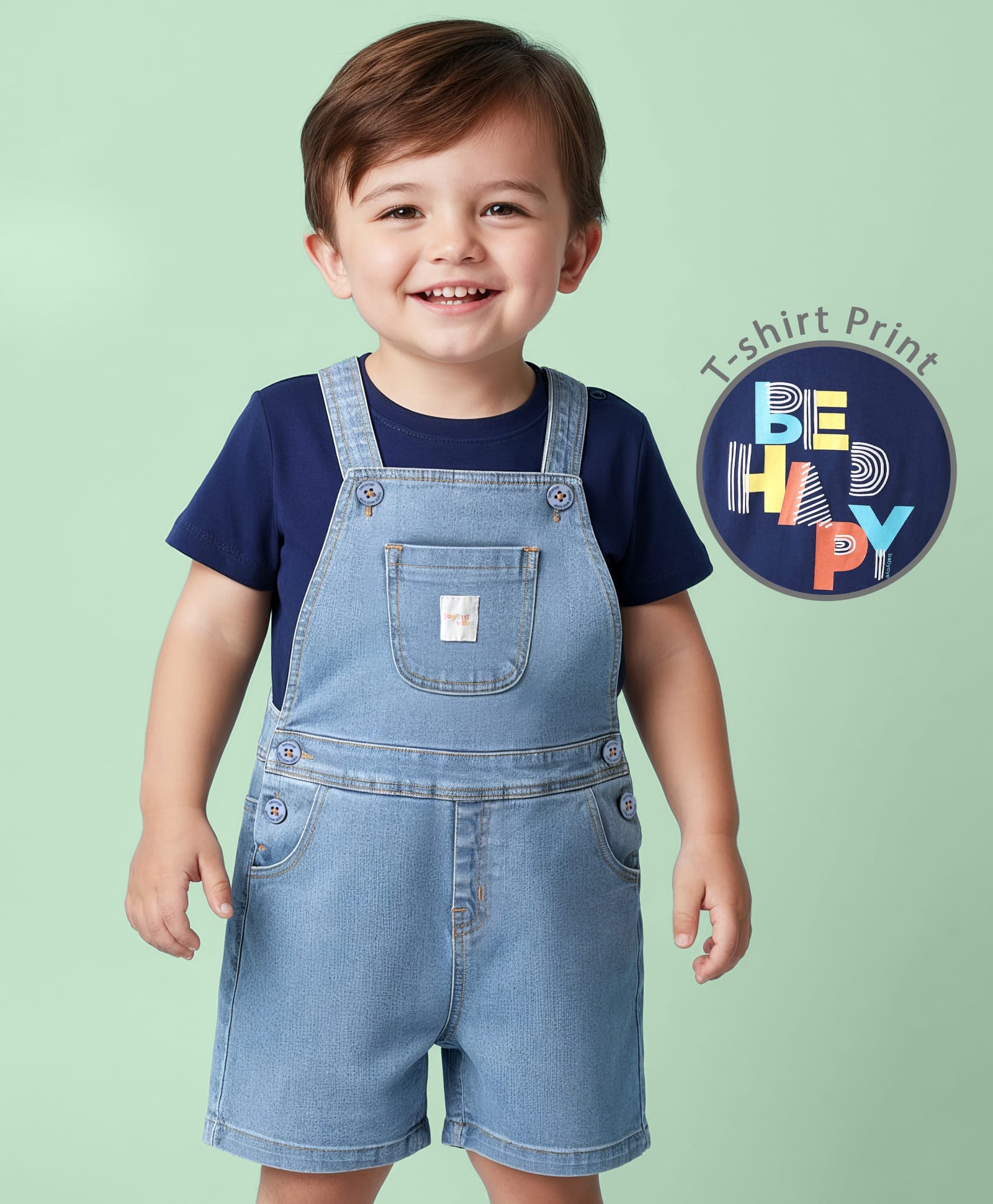 Babyoye Single Jersey Knit Dungaree with Half Sleeve Inner Tee Be Happy Print - Navy Blue