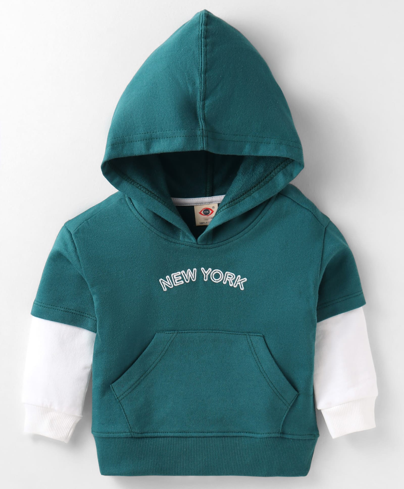 Zero Cotton Knit Full Doctor Sleeves Text Embroidered Hooded Sweatshirt with Kangaroo Pockets - Green-picture-13
