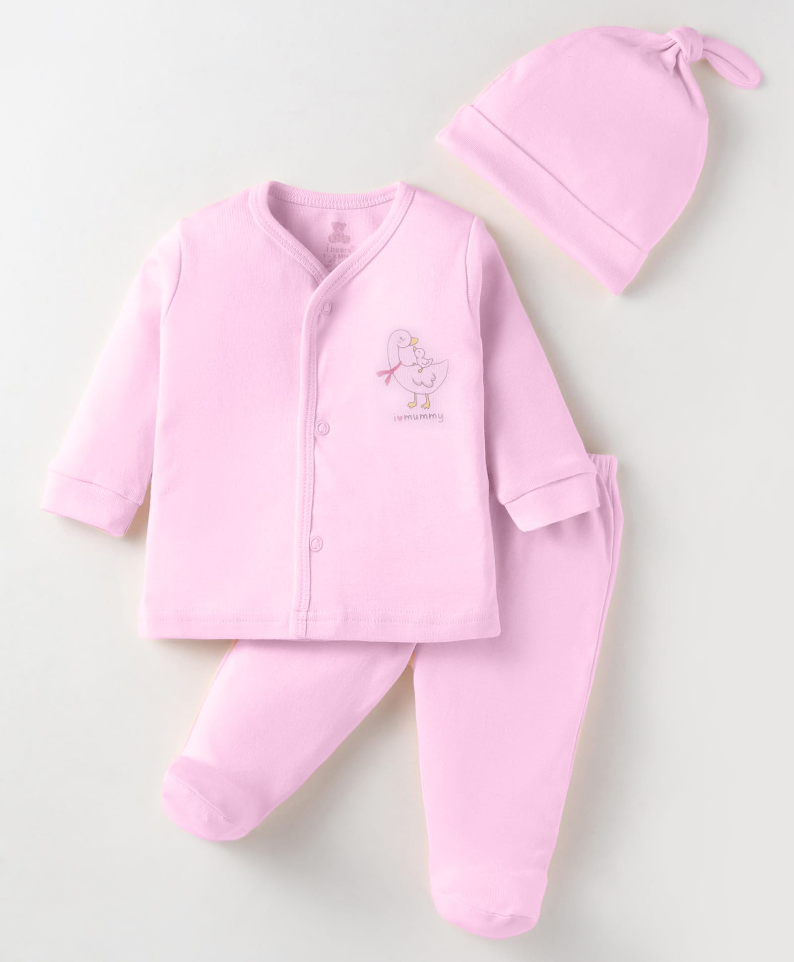 I Bears Fleece Knit Full Sleeves Winter Wear T-Shirt & Footed Lounge Pant & Cap with Duck Print - Pink-image-20