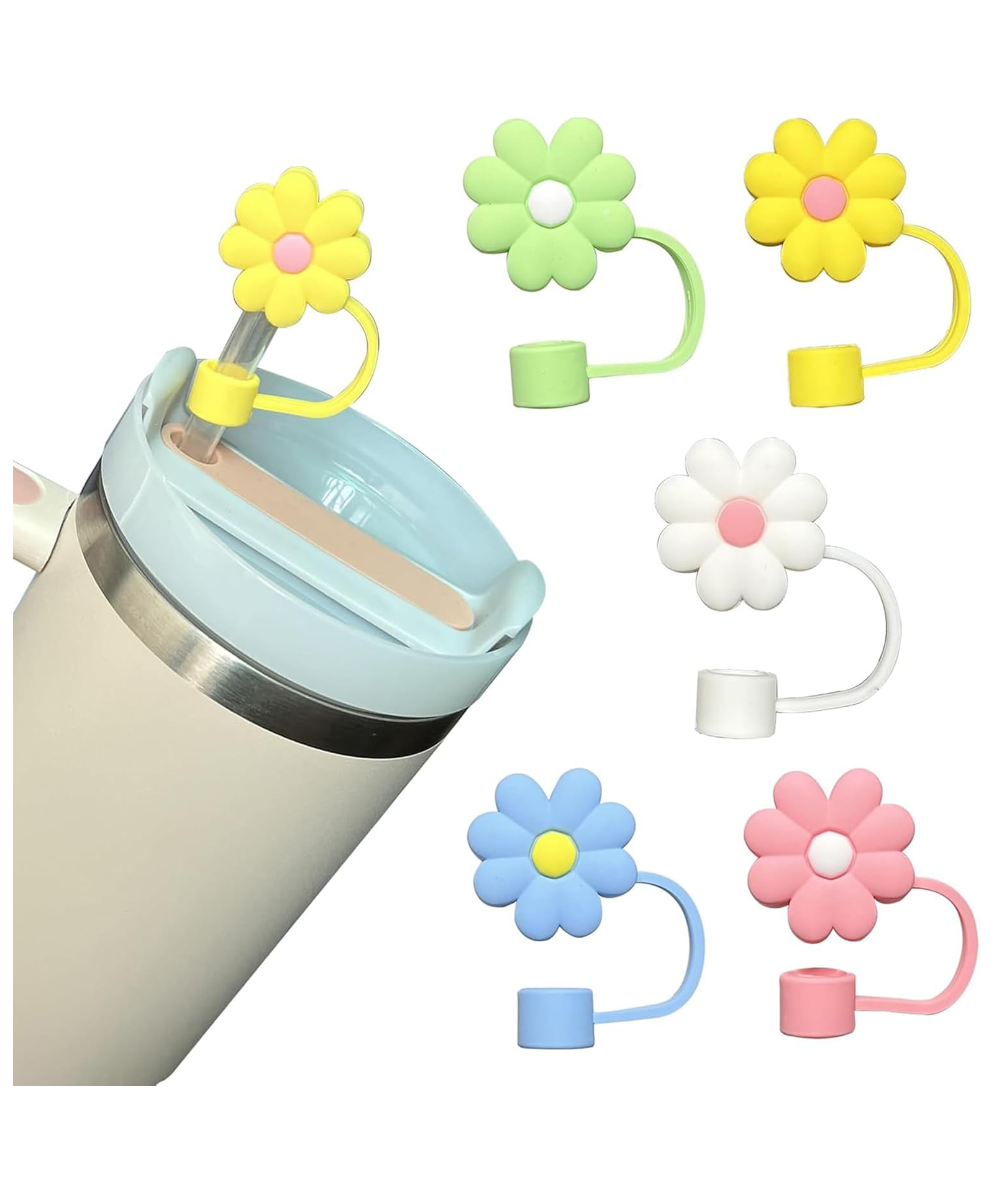 House of Quirk 5PCS Silicone Straw Covers Cap Compatible with Stanley 10mm Cute Flower Straw Toppers for Tumblers Dust-Proof Drinking Straw Caps for Reusable Straws Tips Lids-Multicolor-picture-17