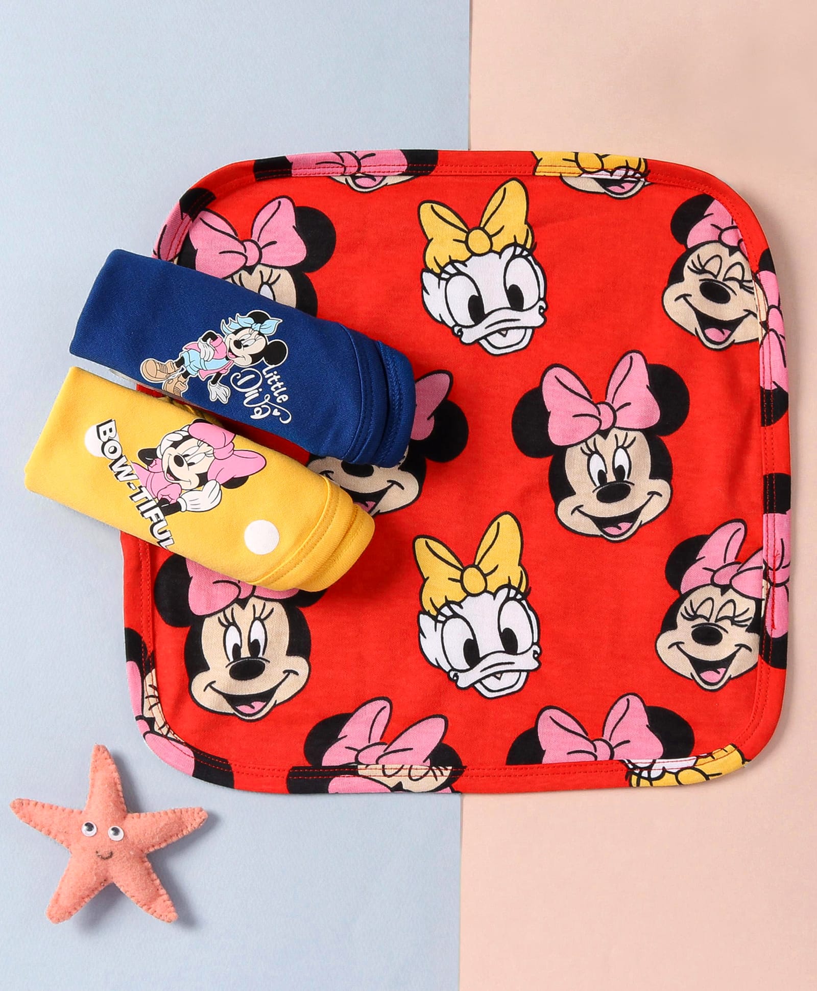 Babyhug Disney Interlock Knit Hand & Face Towels with Minnie Mouse Graphics L 28 x B 28 cm Pack of 3 - Blue Red & Yellow-picture-24