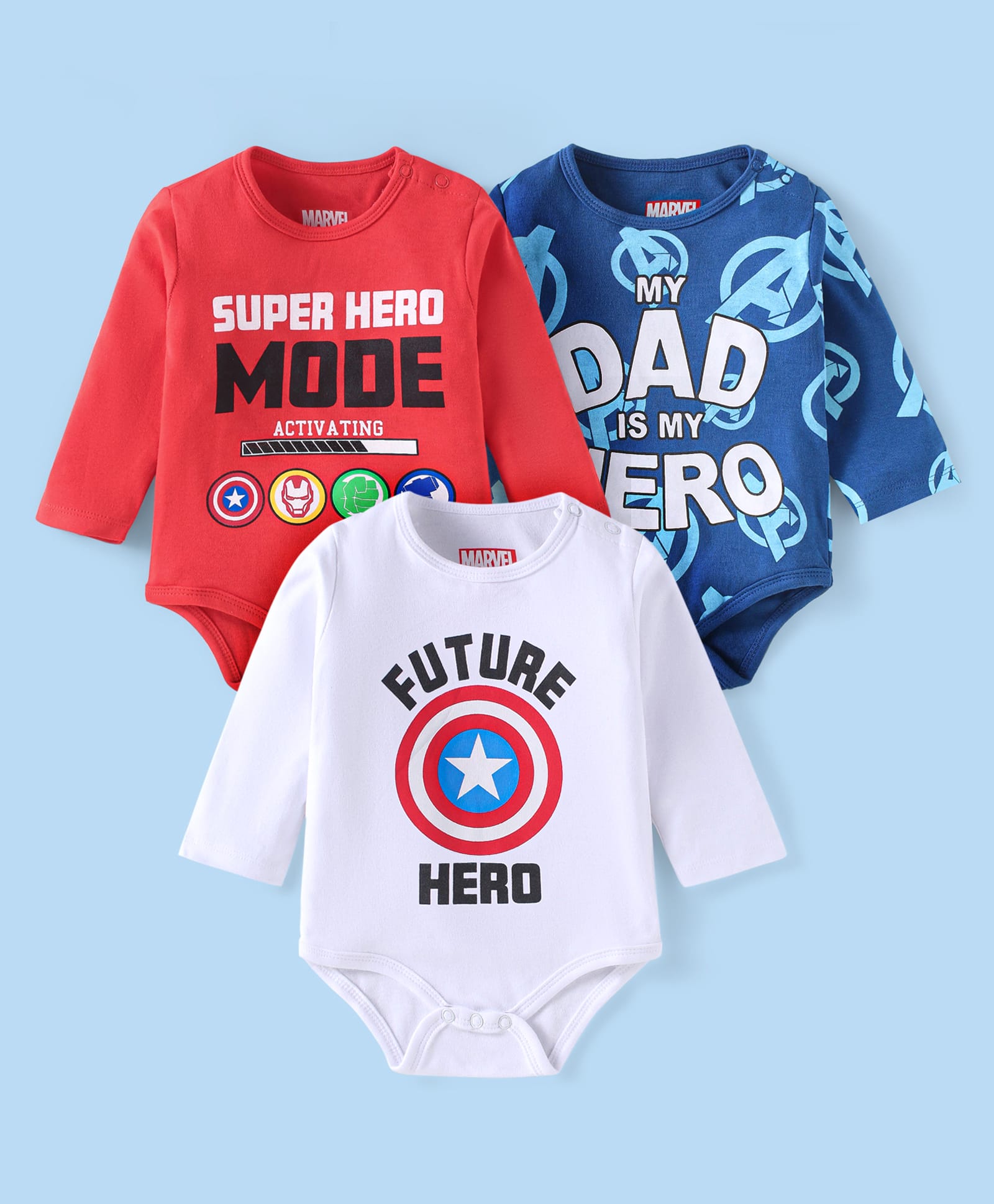 Babyhug Marvel Interlock Knit Full Sleeves Onesies with Avengers Graphics Pack of 3 - Red Blue & White-image-49