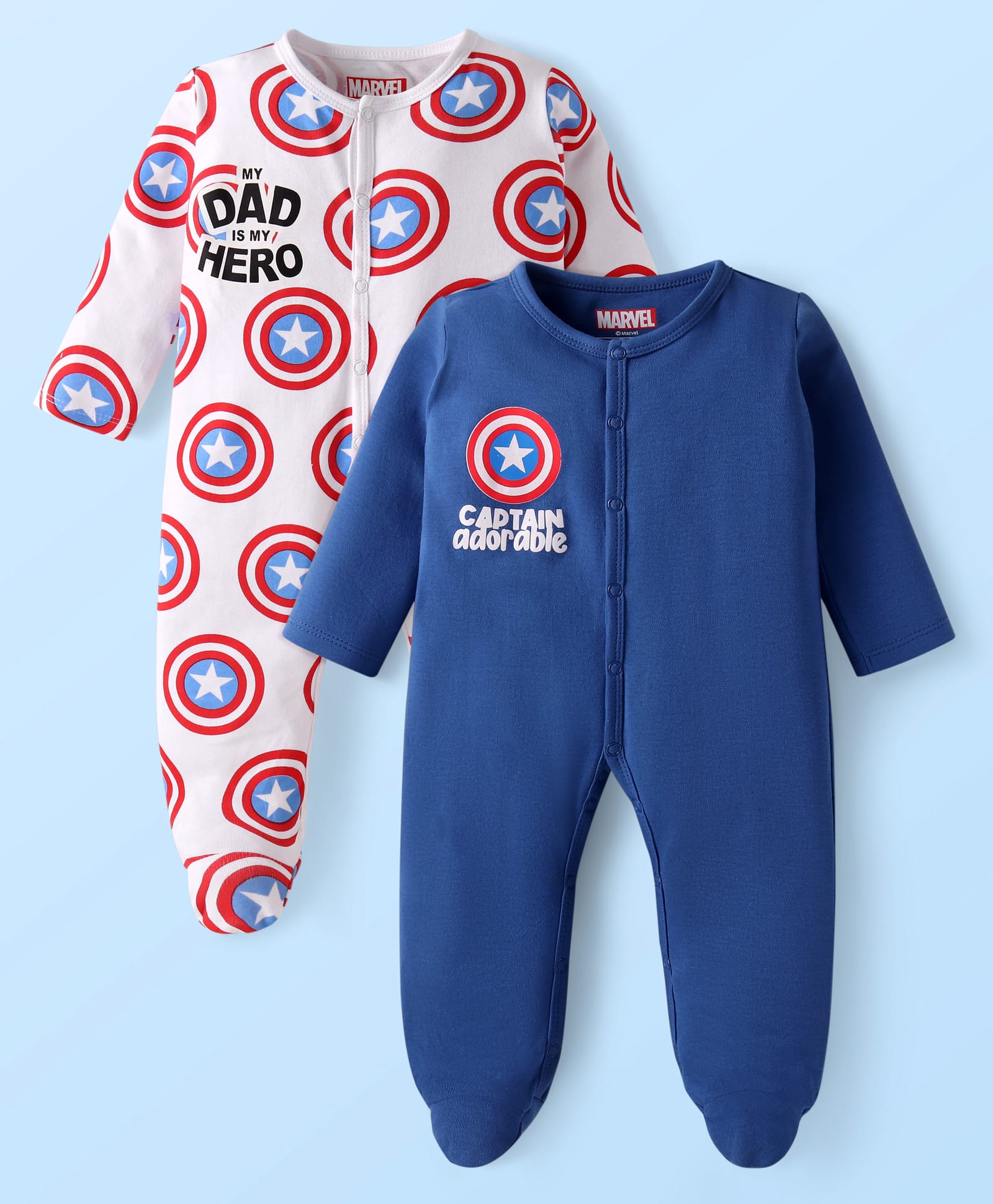 Babyhug Marvel Interlock Knit Full Sleeves Sleep Suit with Avengers Print Pack of 2 - Navy Blue & White-image-32