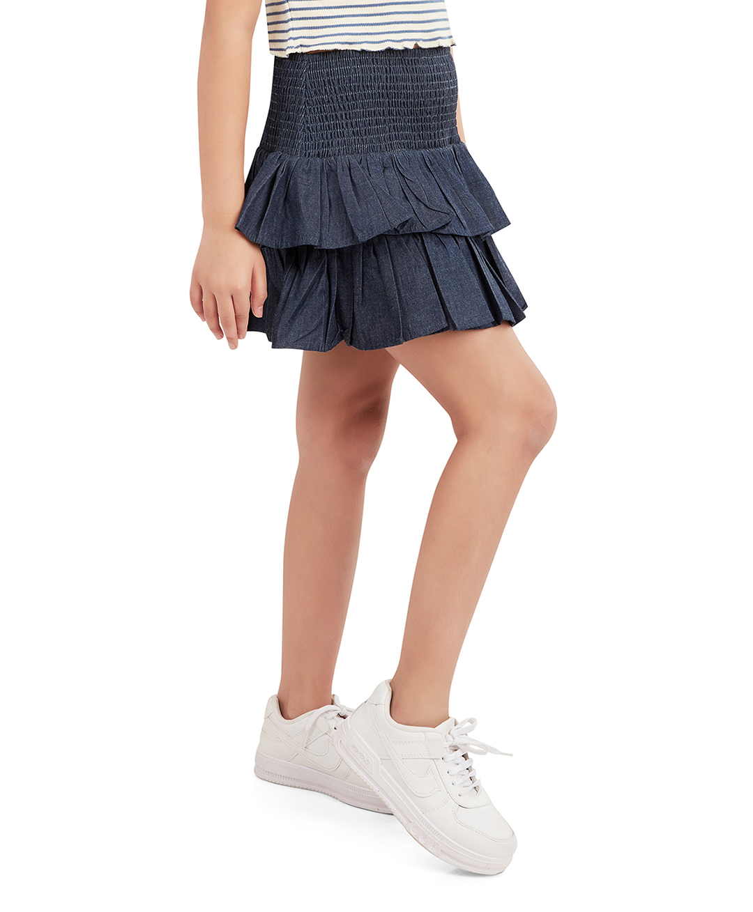 Olele Cotton Denim Smocked Layered Skirt With Solid Safety Shorts - Navy Blue-image-19
