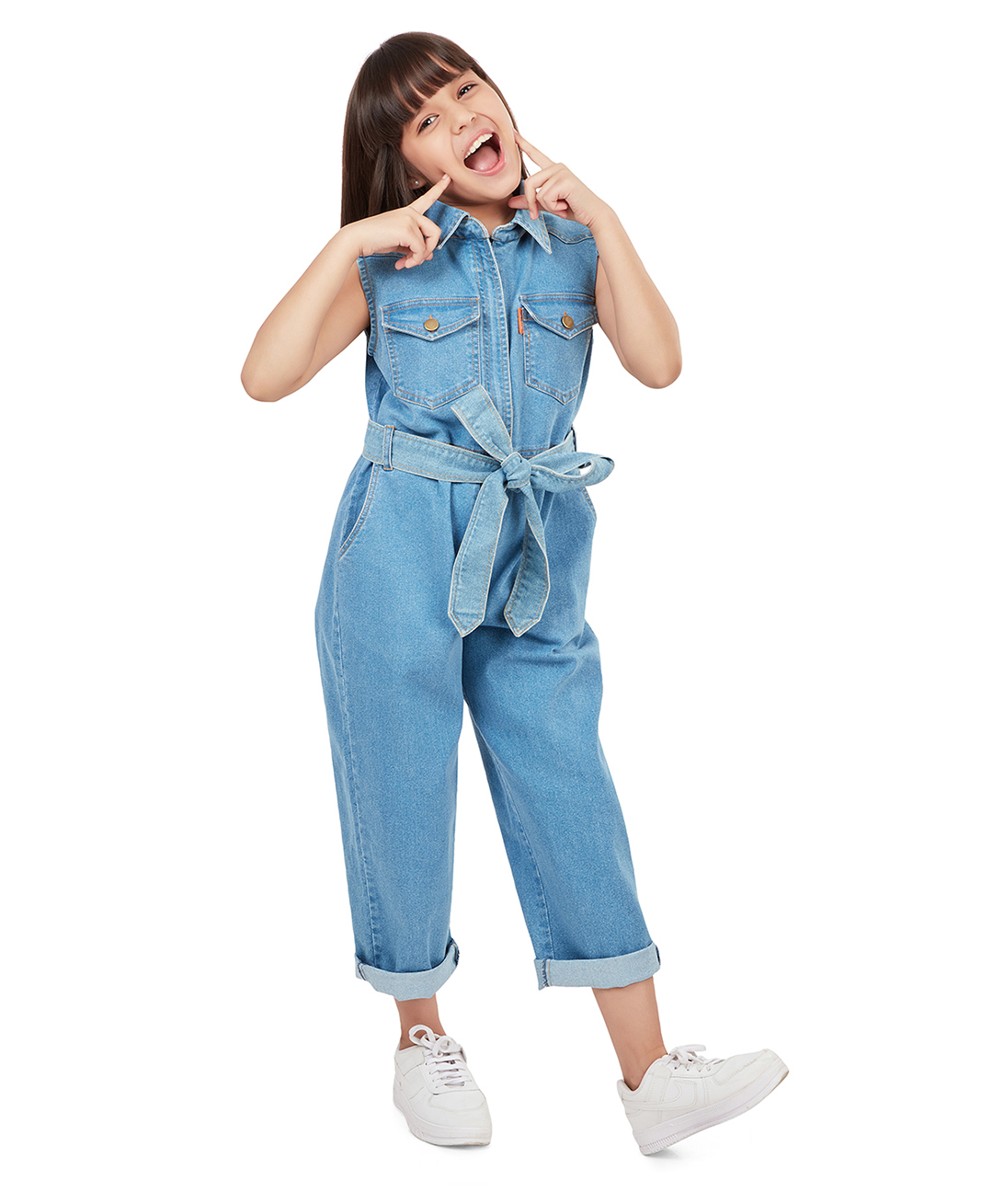 Olele Cotton Denim Sleeveless Solid Jumpsuit - Blue-image-15