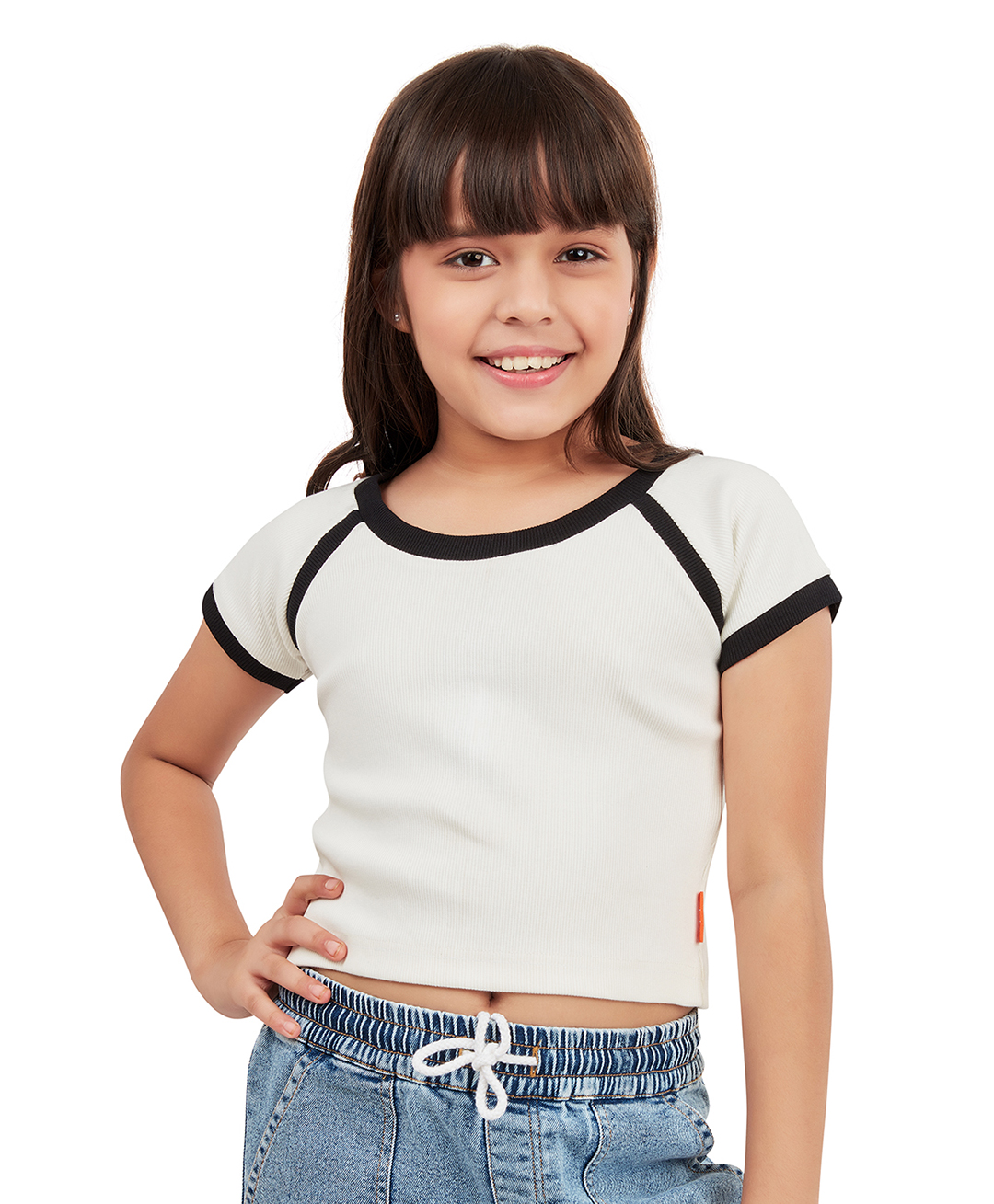 Olele Cotton Knit Half Sleeves Ribbed Piping Detailed Crop Top - White-picture-27
