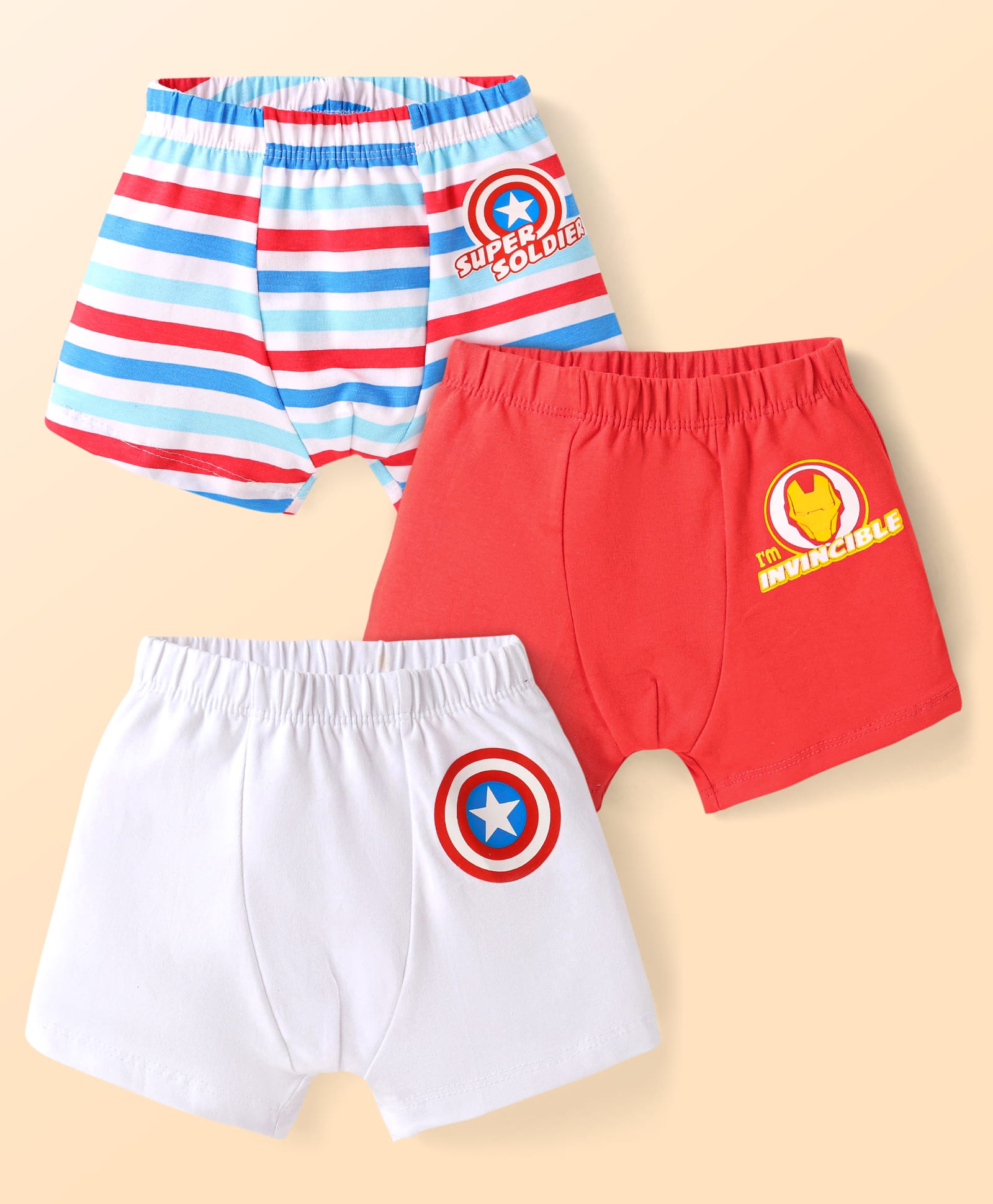 Babyhug Marvel Cotton Knit Trunks with Stripes & Avengers Graphics Pack of 3 - Red White & Blue-image-20