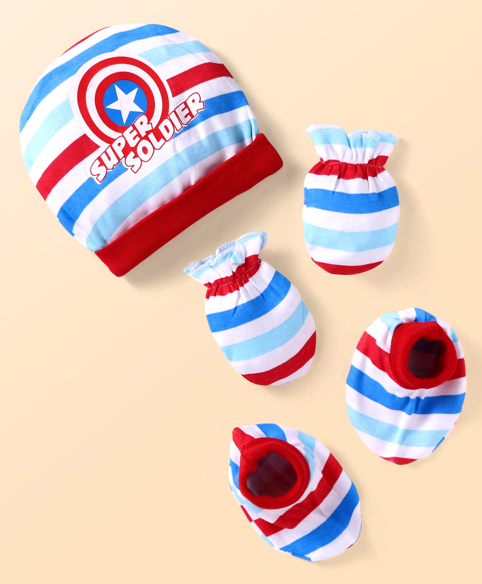 Babyhug Marvel Interlock Knit Cap Mittens & Booties Set with Stripes & Avengers Graphics - White-image-5