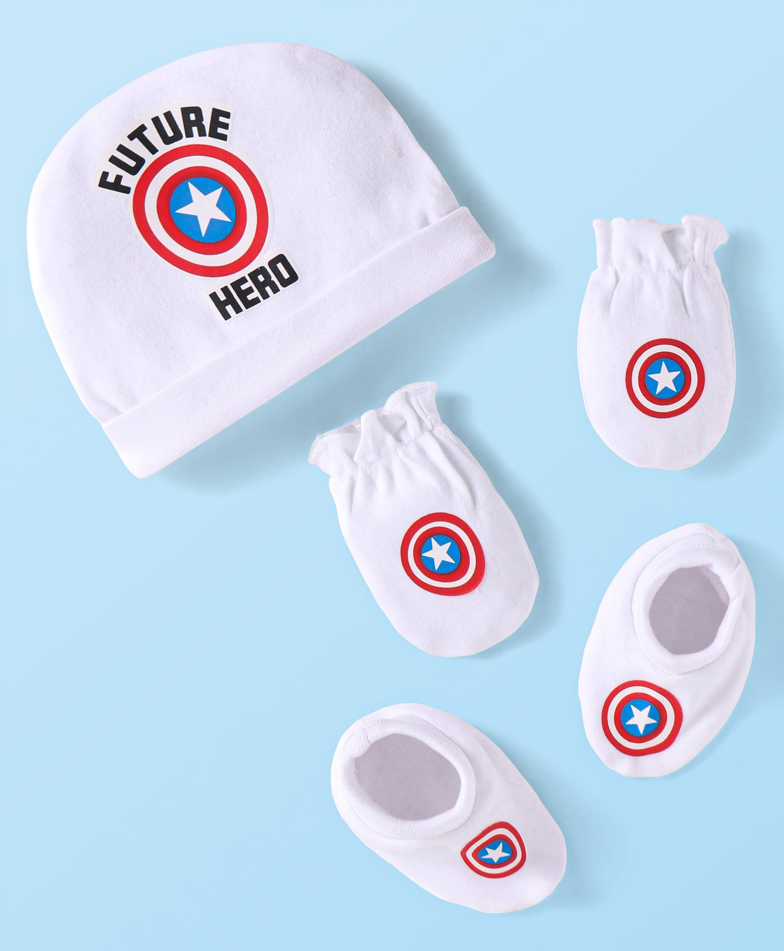 Babyhug MarvelInterlock Knit Cap Mittens & BootiesSet With Avengers Graphics - White-image-10