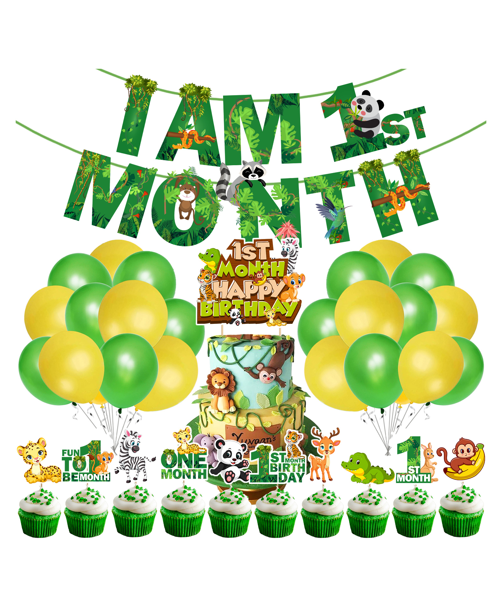 Zyozi Jungle Theme 1st Month Birthday Decoration Banner, Balloons, Cake Topper and Cup Cake Topper Green & Yellow - Pack of 37-image-47