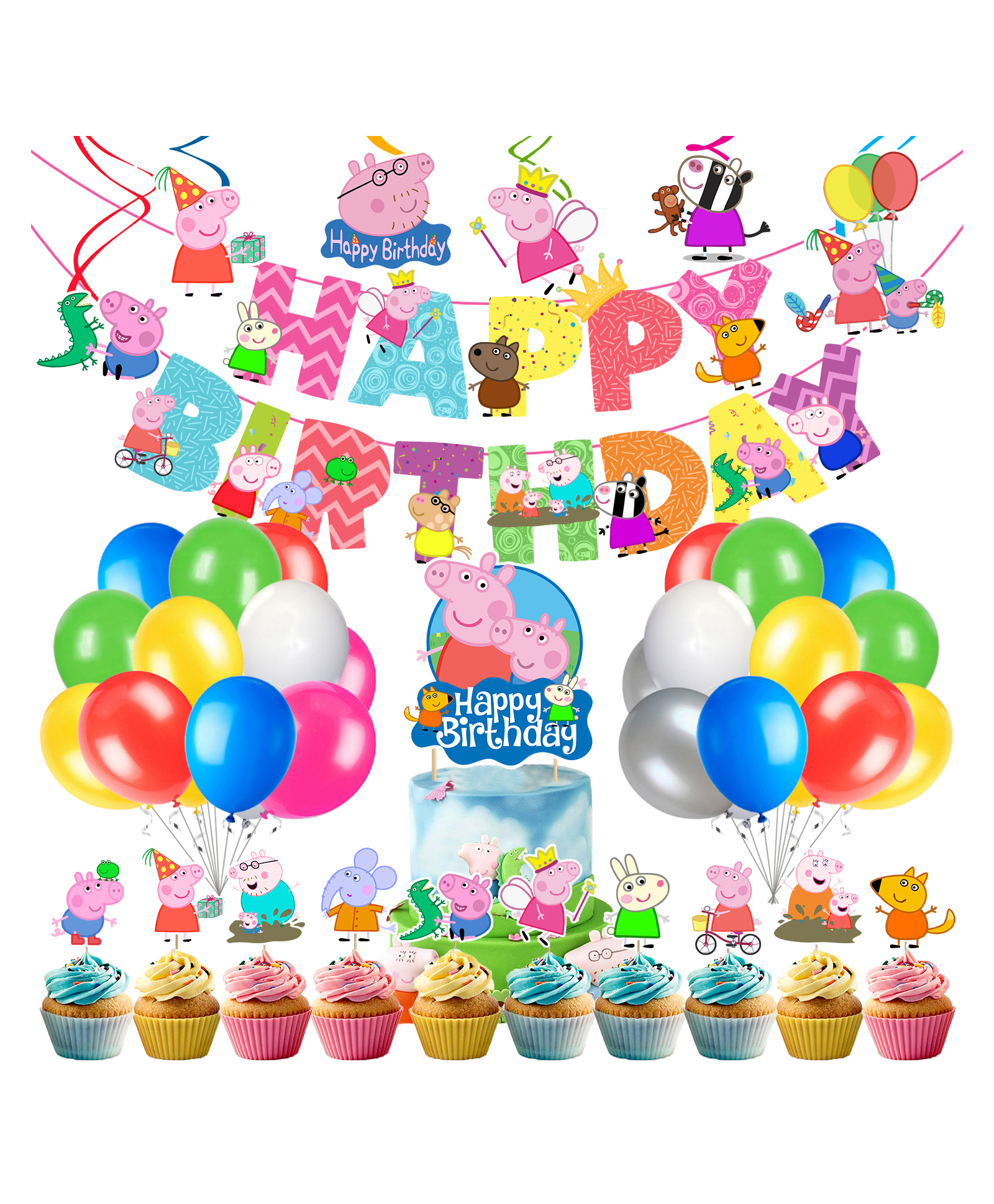 Zyozi Pig Theme Birthday Banner, Cake Topper, Balloons, Cupcake Toppers, Hanging Swirls, Pig Party Supplies MultiColor - Pack of 43-image-28
