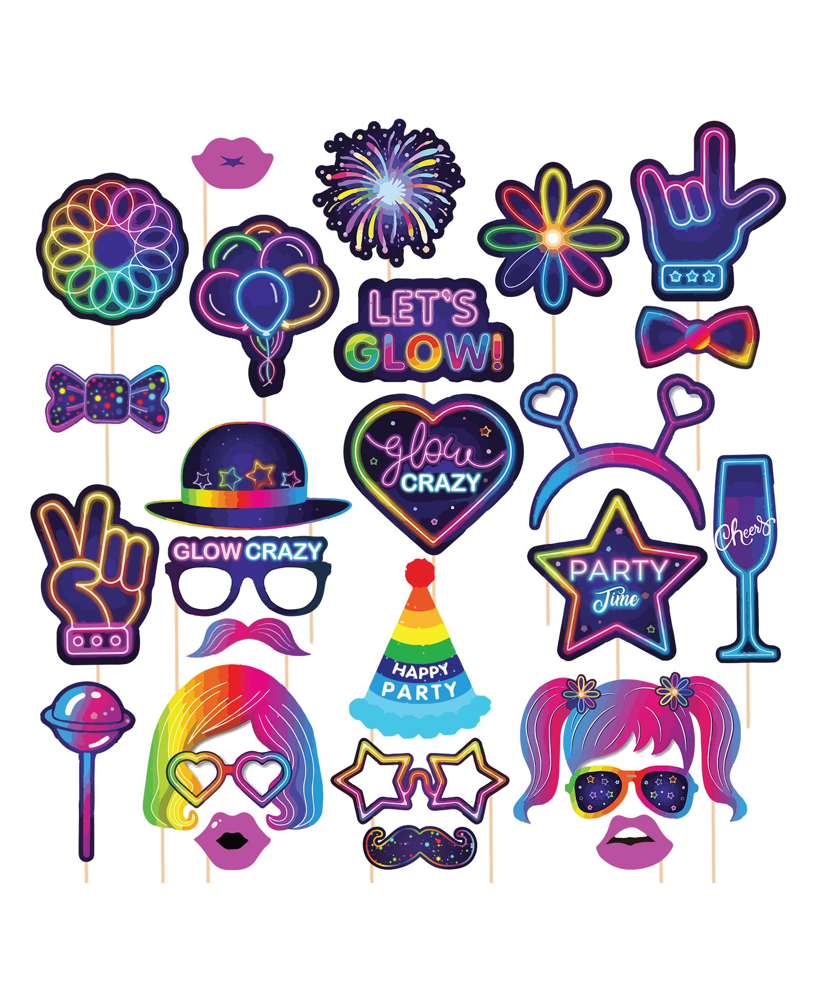 Zyozi 25 Pieces Glow Neon Party Photo Booth Props Neon Party Favor Glow in The Dark Party Decoration-image-29