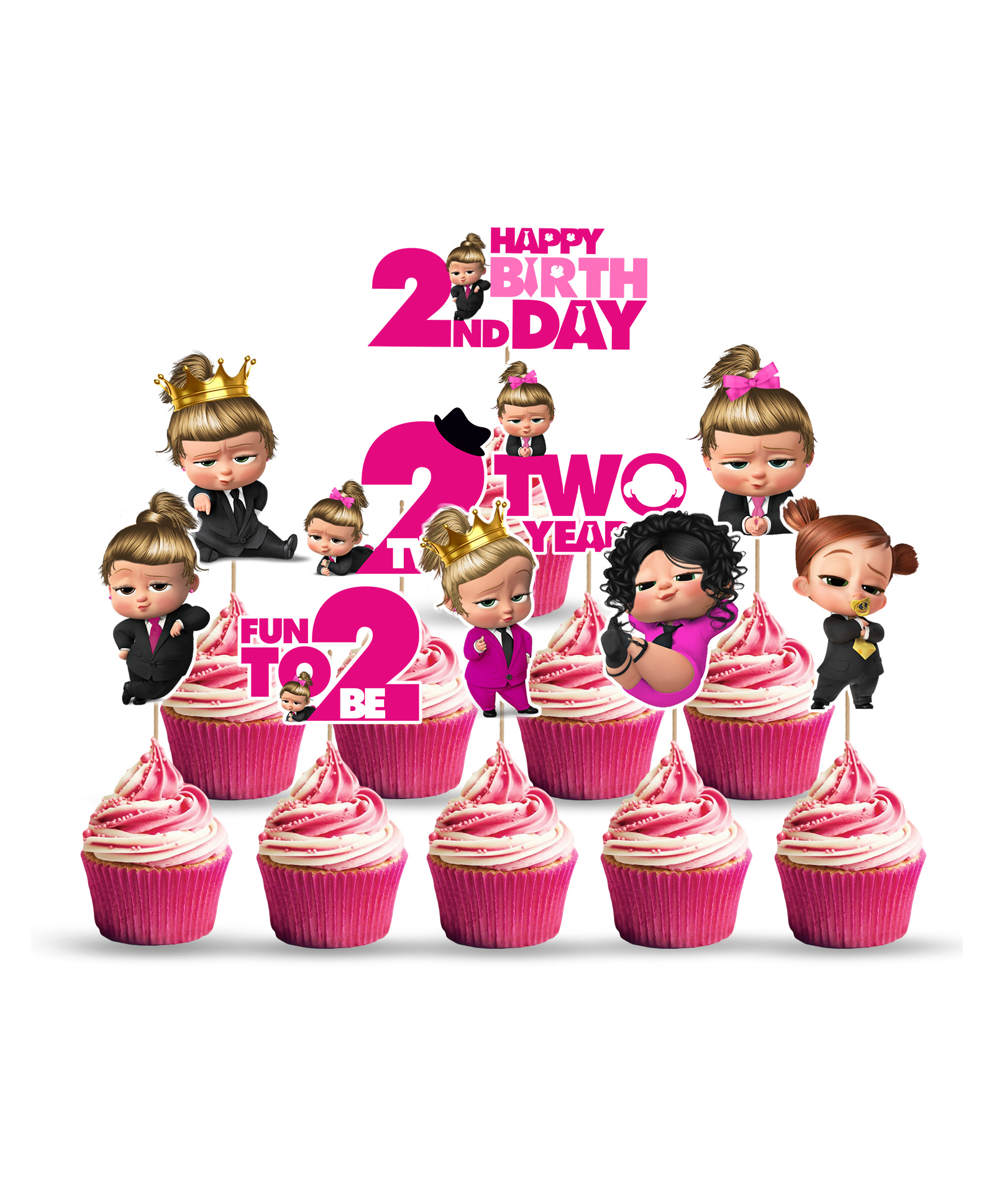 Zyozi 10 pcs Boss Baby Girl Theme 2nd Birthday Cupcake Toppers, 2nd Birthday Cake Decorations PINK - Pack of 10-picture-43