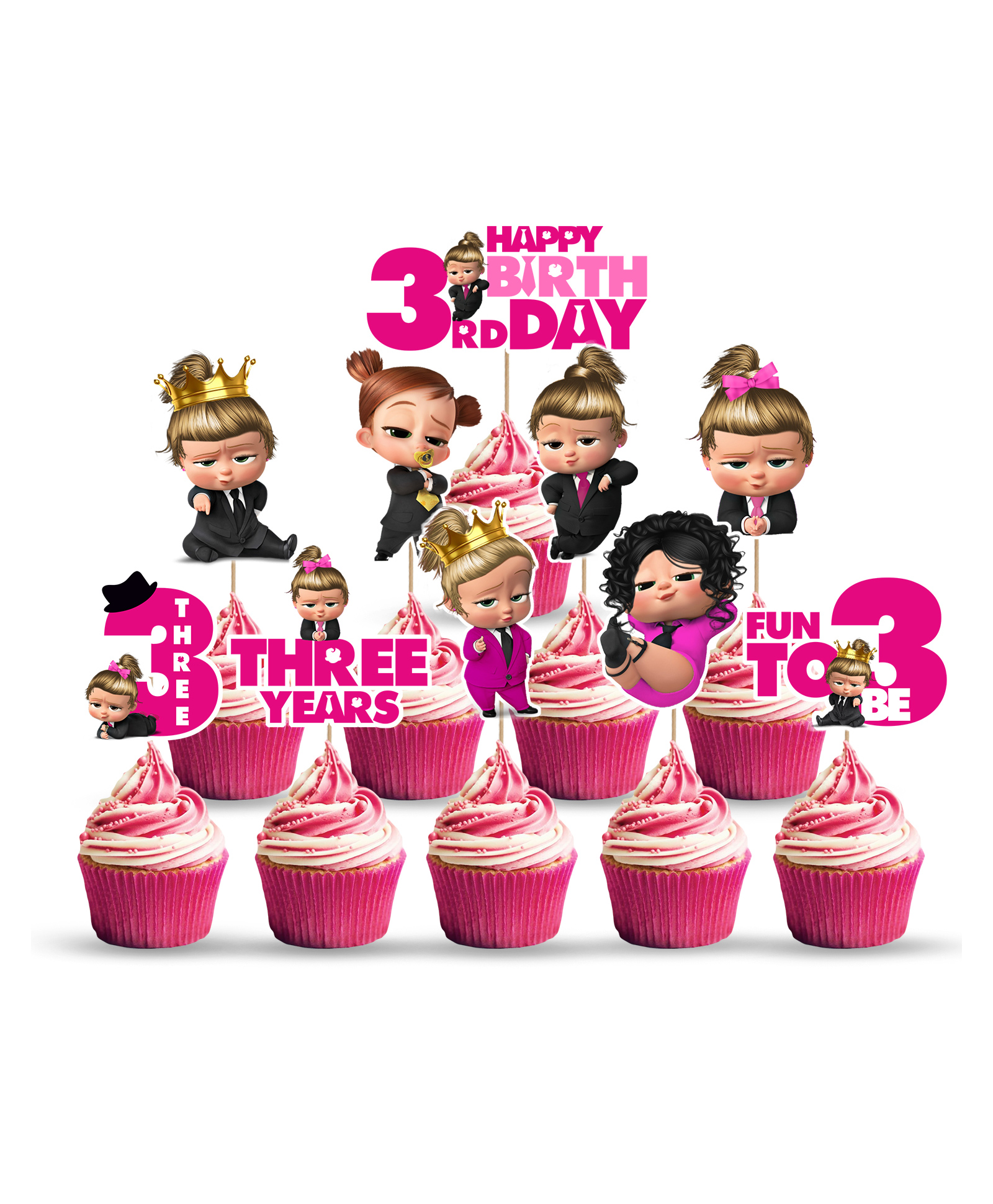 Zyozi Girl Boss Baby Theme 3rd Birthday Cupcake Toppers 3rd Birthday Cake Decorations PINK - Pack Of 10-picture-45