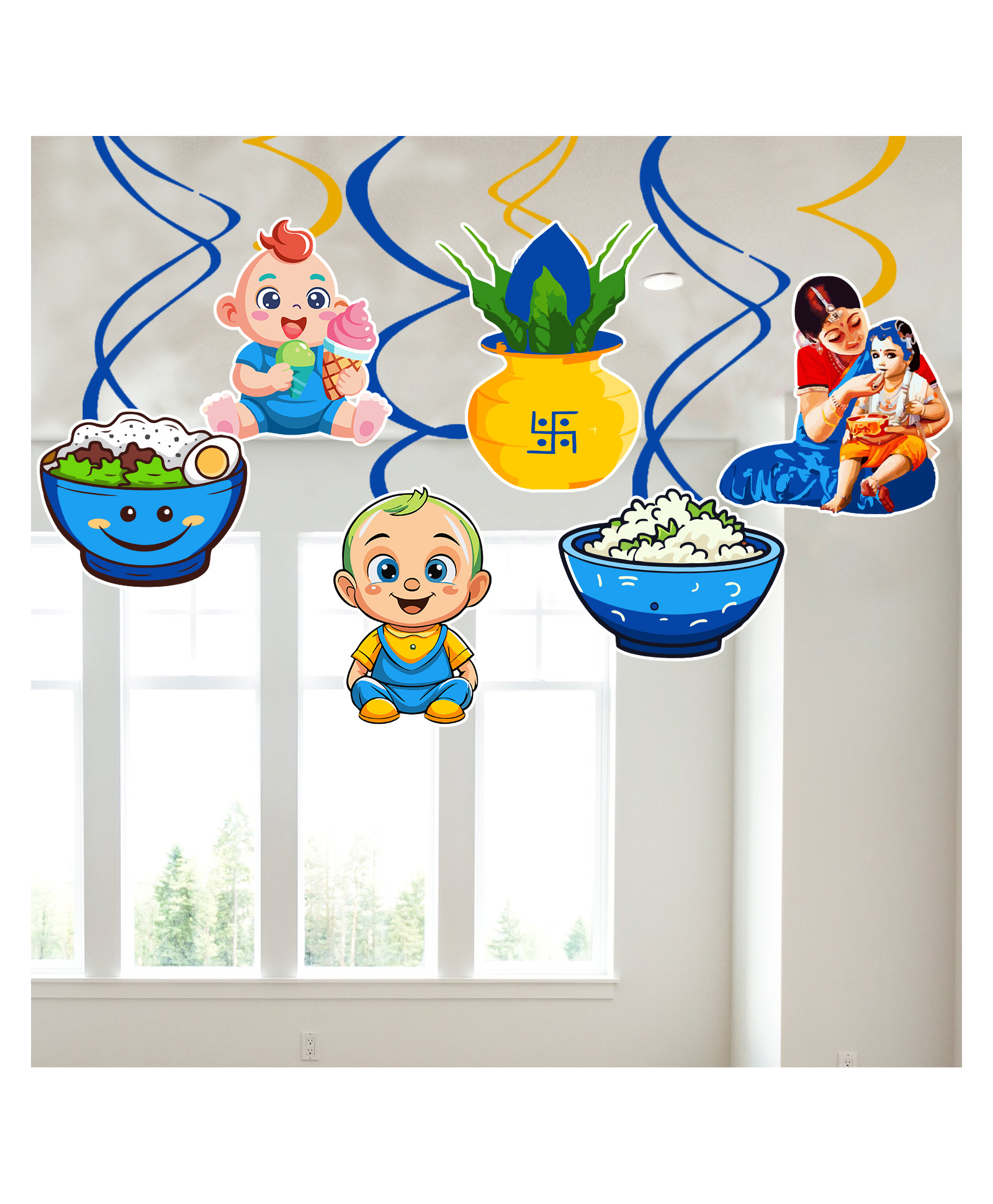 Zyozi Rice Ceremony Hangings Swirls - Annaprashan Decoration Items Blue - Pack Of 6