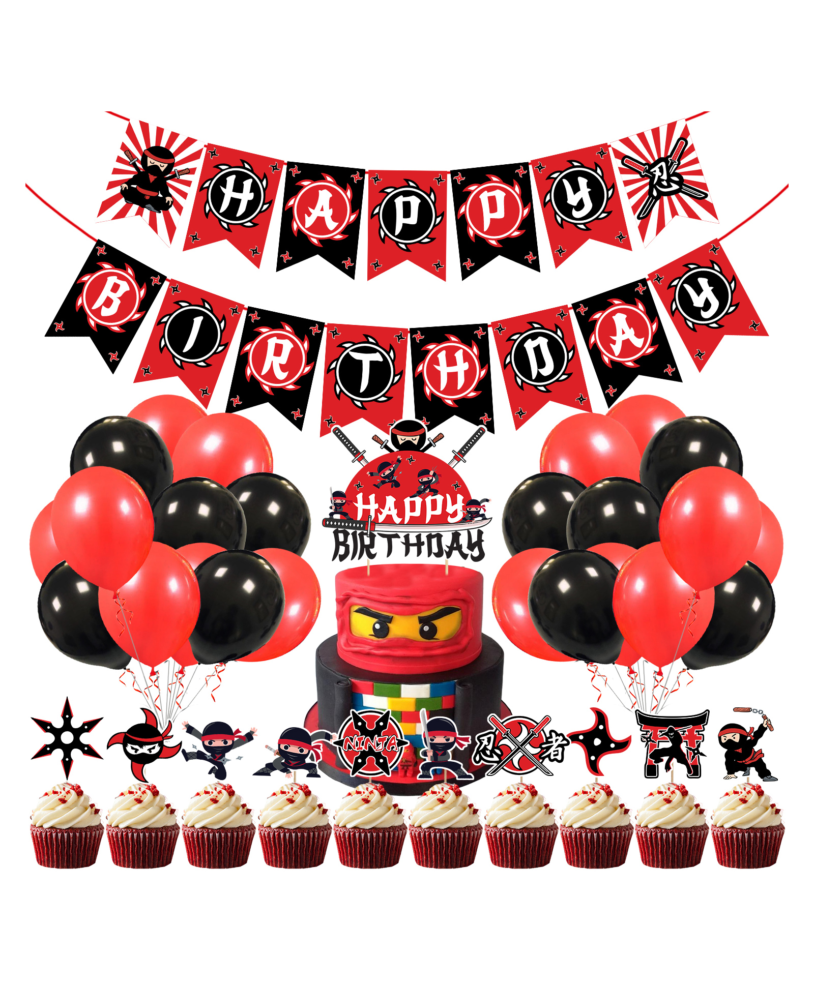 Zyozi Ninja Theme Birthday Decorations Kit Banner Balloons Cake Cupcake Toppers for Boys Red Black - Pack of 37-image-27