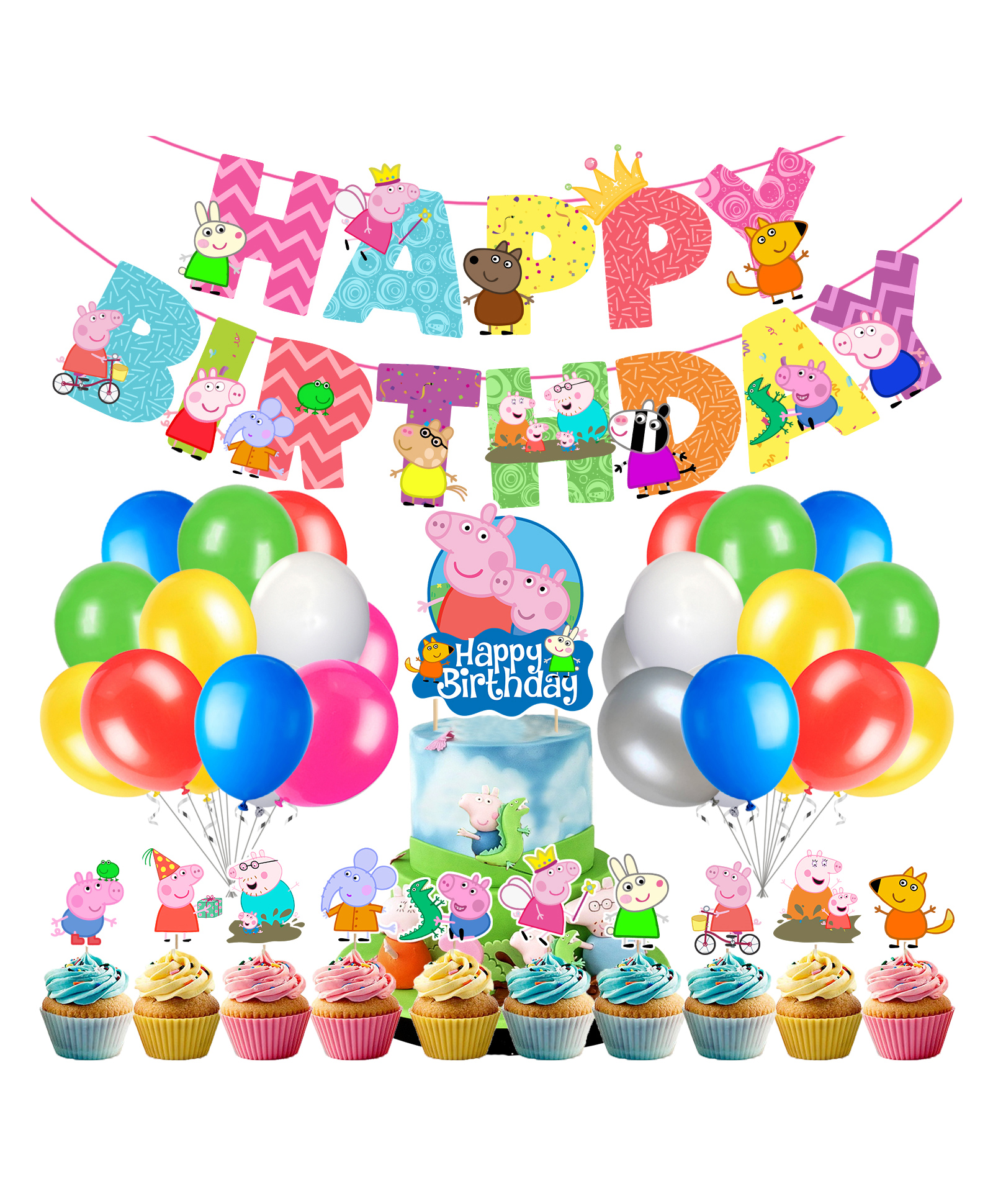 Zyozi Pig Theme Birthday Party Supplies Banner,Cake Cupcake Toppers, Balloons MultiColor - Pack of 37-image-18